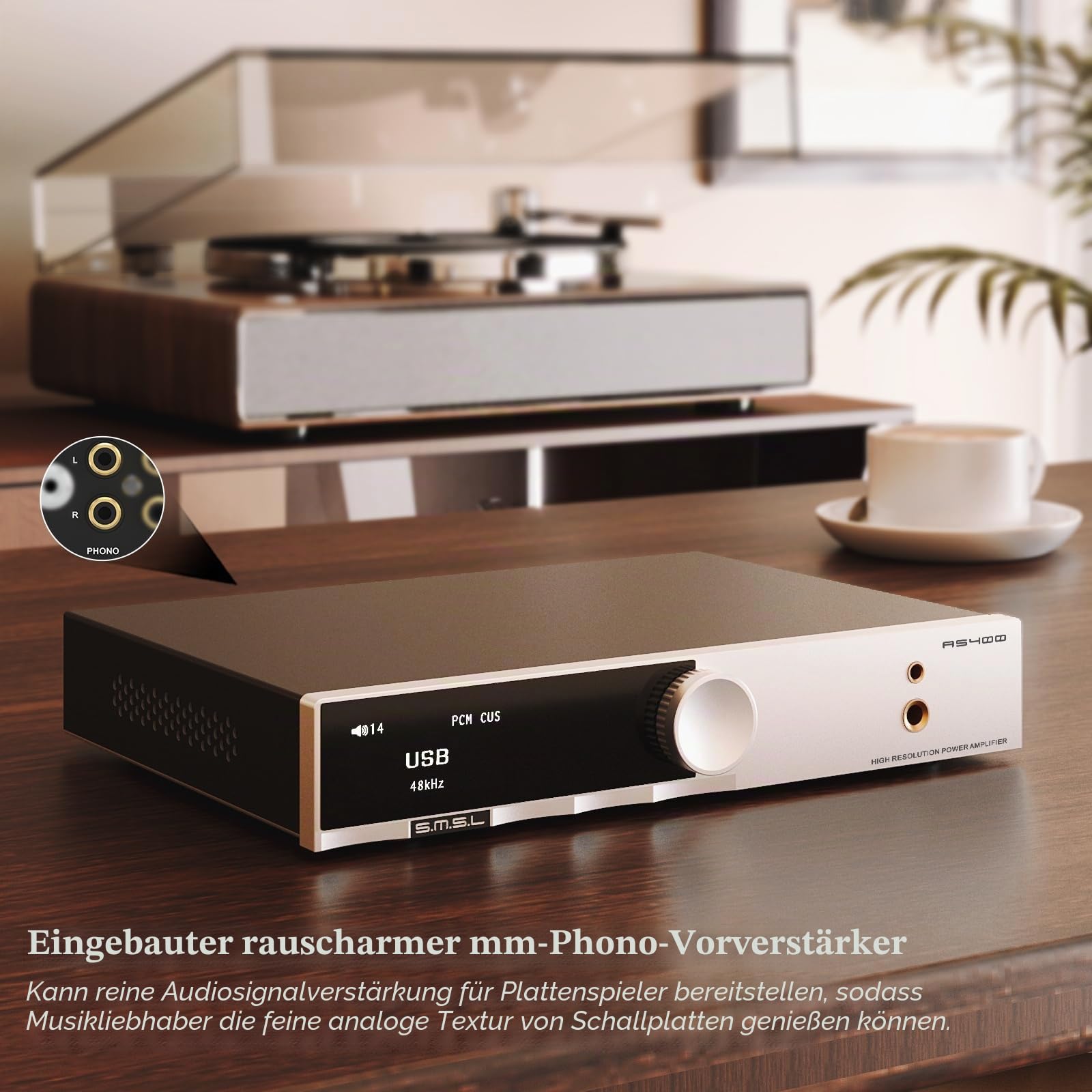 SMSL AS400 HiFi Verstärker DAC Kopfhörerverstärker 165W X2 MA5332MS/CS43131 Chip Bluetooth Class D Amp Phono Vorverstärker 4,4/6,35 Kopfhöre RCA/BT/USB/Opt/Coax/Phono/12S Eingang 2.1 Kanal/Subwoofer