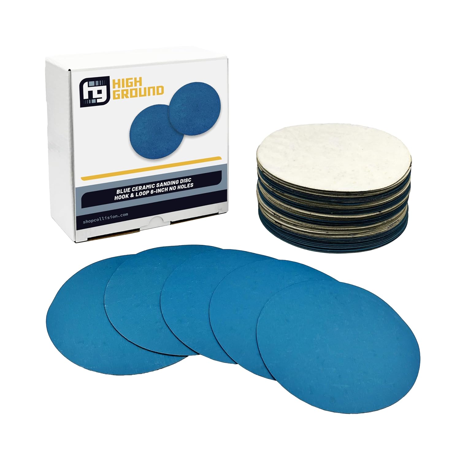 High Ground 6 Inch No-Hole Hook and Loop Clean Sanding Disc, Ceramic Abrasive, Dust-Free, High Performance, Long Lasting - 50pcs (Blue, 6 Inch, 220, Grit)