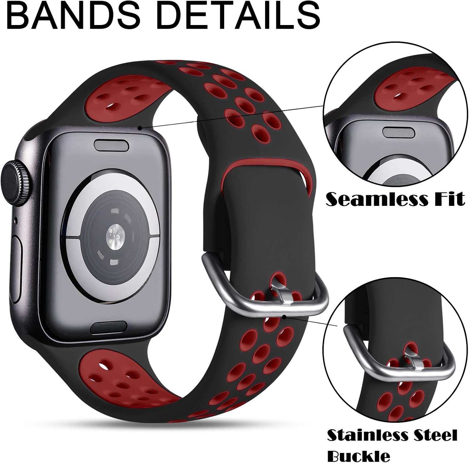 Witzon Compatible with Apple Watch Band 42mm 44mm Soft Silicone Waterproof Breathable Replacement Wristband Sport Bands for iWatch Series 1/2/3/4/5/6/SE Women Men, Black Red, M/L