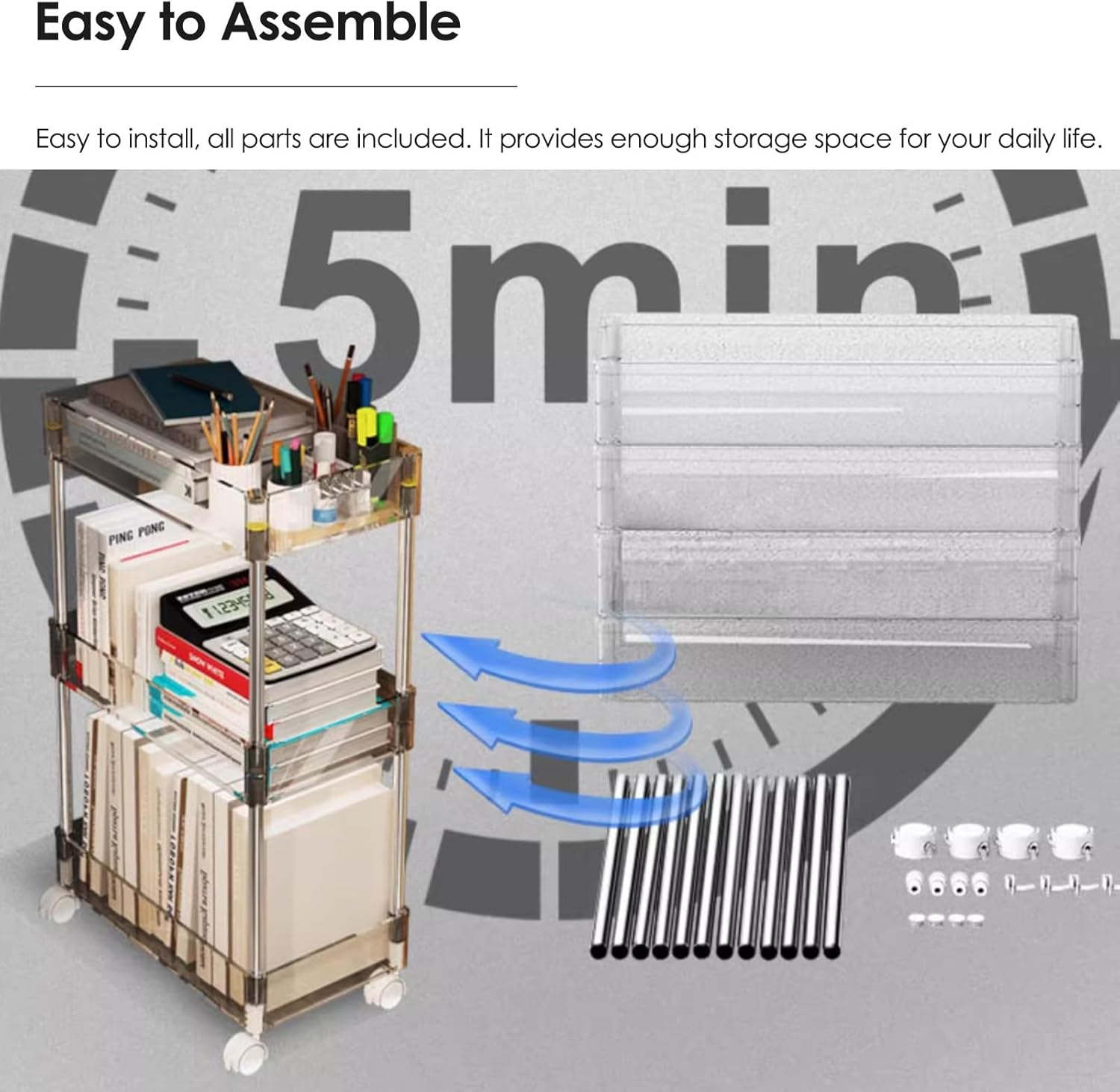 Book cartRolling Slim Bookshelf Cart with Wheels, Clear Plastic Classroom Deskside Bookshelf, Home Office Desk Storage Organizer, Narrow Space Vertical Magazine Rack, 4 Tier