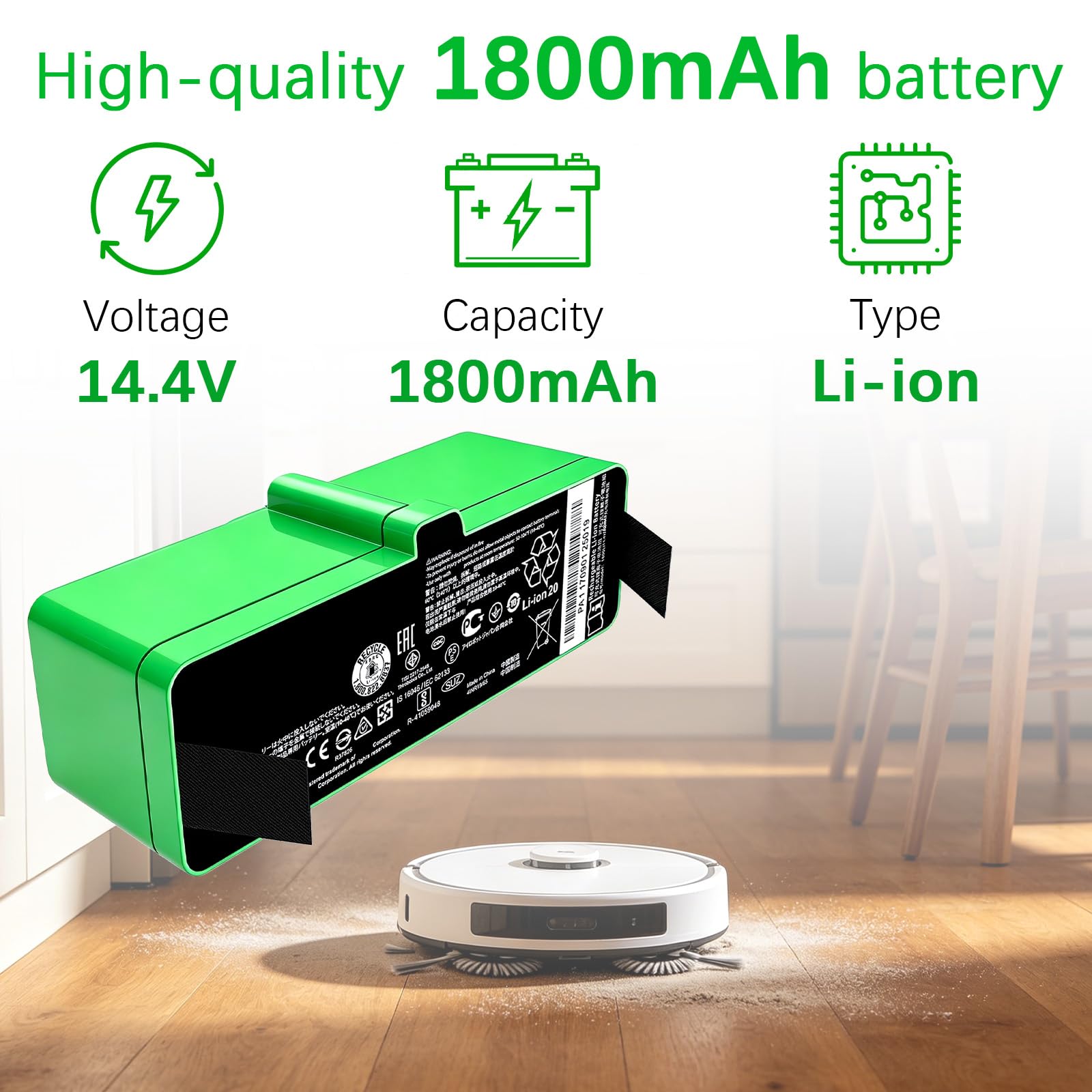 Batería de repuesto para iRobot Roomba 500, 600, 700, 800, 900, 1800 mAh, compatible con 614, 615, 640, 652, 665, 670, 671, 675, 680, 685, 690, 695, 960, 960, 995, 960, 995, 960, 995. 80 cm, 98 cm 1