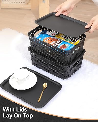 Miniatura 5 de AREYZIN Contenedores de almacenamiento de plástico con tapa, cestas pequeñas para organizar contenedores de almacenamiento apilables, contenedores