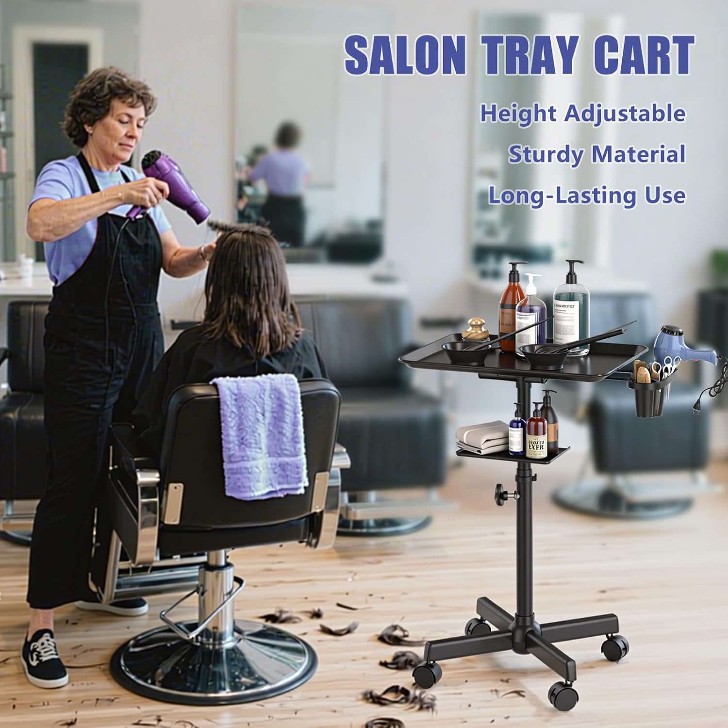 Salon Tray Cart on Wheels with Storage Platform, Adjustable Height Hair Stylist Tray, Premium Iron Tattoo Tray, Suitable for Salon and SPA Use