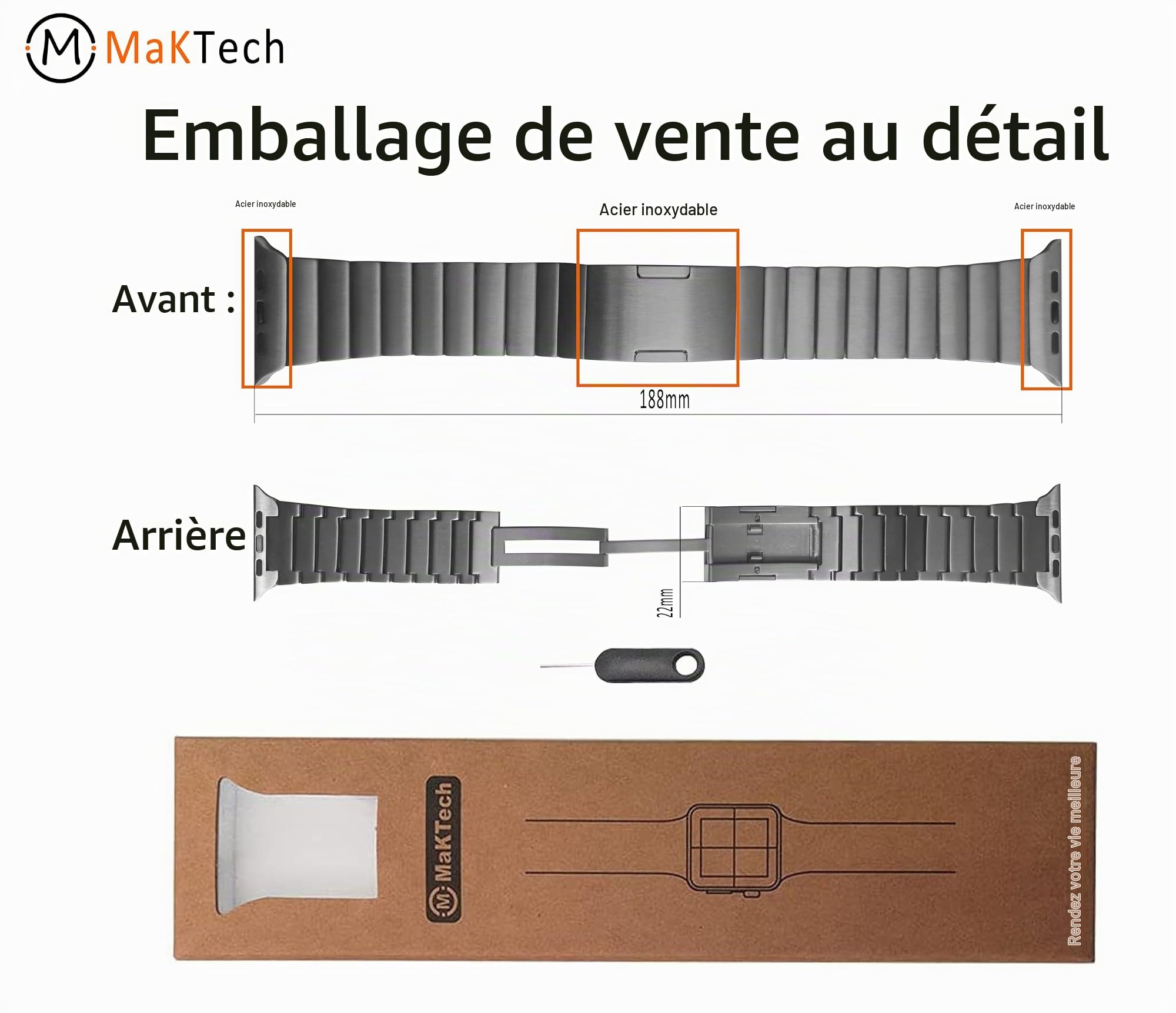 Bracelet Titane Apple Watch 11/10/9, Ultra 3, SE 3, Maille Plate DLC | MaKTech, Revêtement DLC Résistant aux Rayures, Fermoir Déployant, pour Apple Watch Series 11/10/9/8/7, Ultra 3/2, SE 3/2
