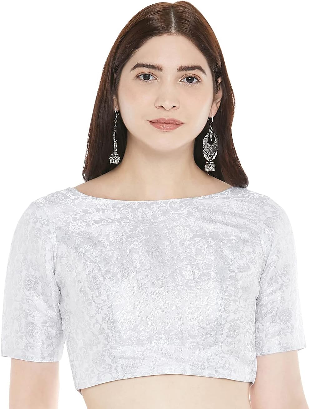 Studio Shringaar Women's Readymade Brocade Elbow Length Sleeves Saree Blouse (S2349_Silver_42)