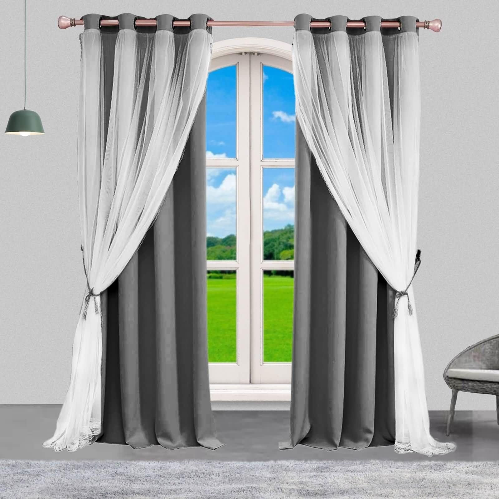 Rideaux opaque gris foncé haut de gamme double couche dentelle à œillets