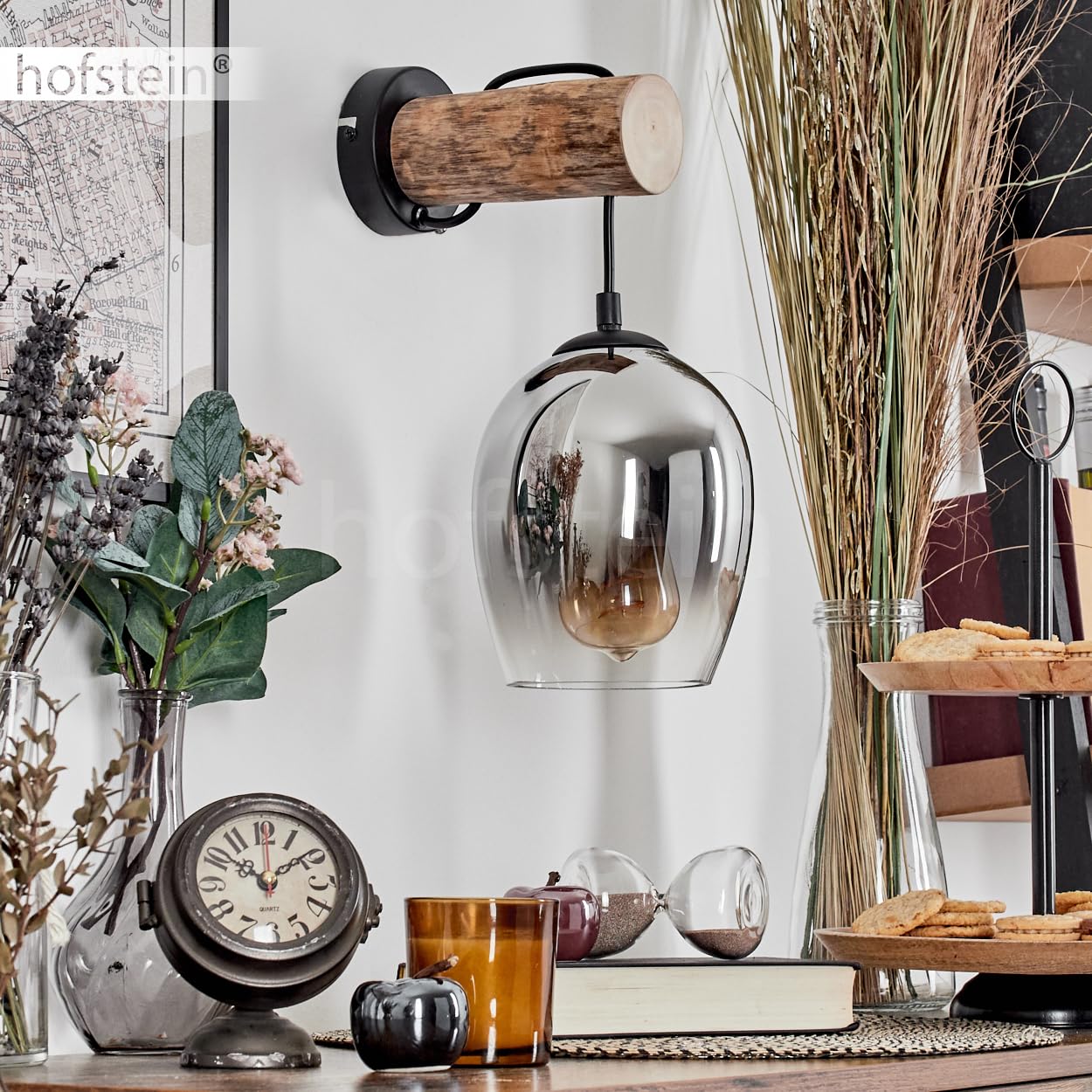 Wandleuchte Vevino, Wandlampe aus Metall/Holz/Glas in Schwarz/Natur/Chrom/Rauch/Klar, Leuchte im Retro/Vintage-Design, Schirm aus Glas (Ø 15cm) u. An/-Auschalter am Gehäuse, 1x E27, ohne Leuchtmittel