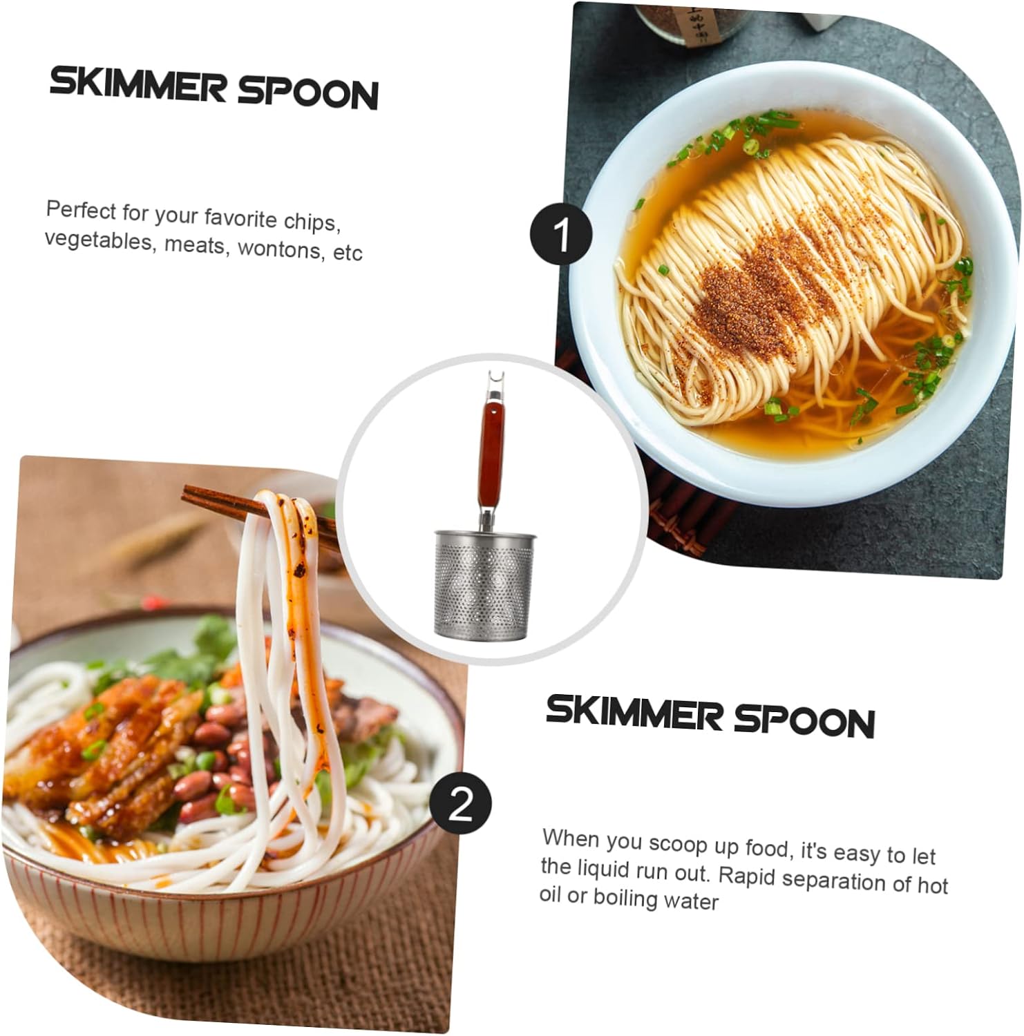 LABRIMP 1Pc Stainless Steel Skimmer Spoon with Long Handle for Frying and Straining Cooking Tool for Ramen Noodles and Oil Drainage Easy Liquid Flow Design