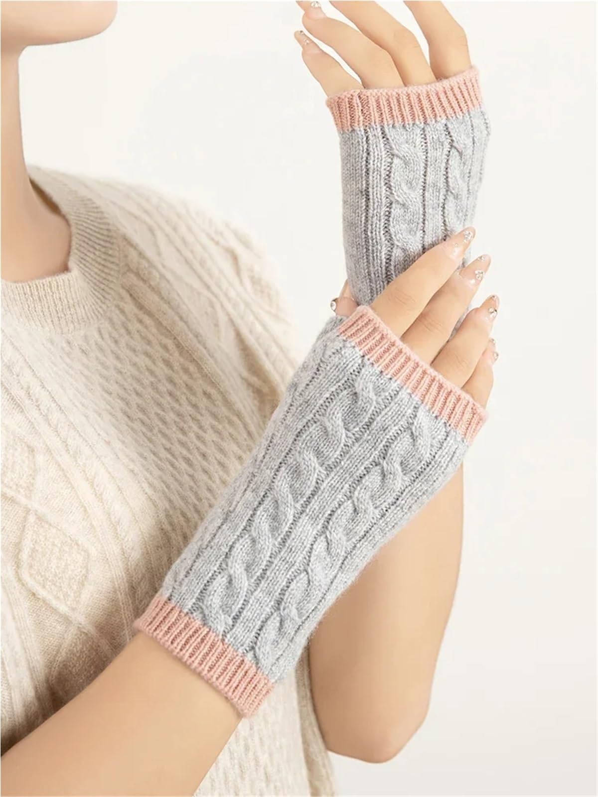 Manoplas de punto Guantes térmicos invierno sin dedos dos tonos semidedos Calentadores brazos
