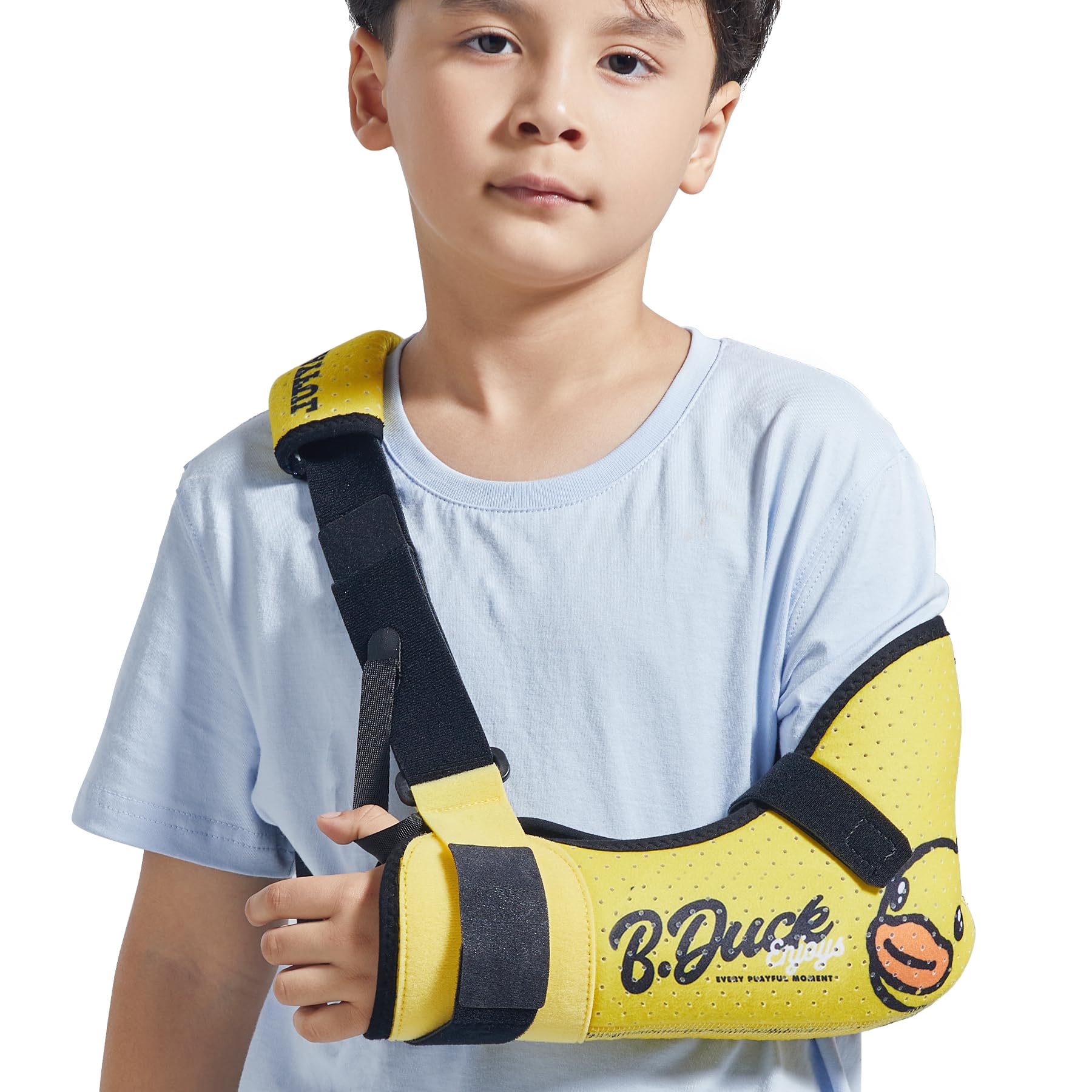 Velpeau Kids Arm Sling Shoulder Immobilizer with Waist Strap, Sponge Filled Design, Arm Support Brace for Children, Boys, Girls (Comfort Version, Duck Print, Left, 2XS: Bust 19″-23.5″)