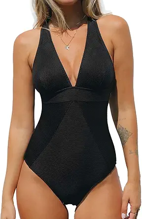CUPSHE Women's One Piece Swimsuit V Neck Bathing Suit Tummy Control Cross Back Swimwear Ribbed