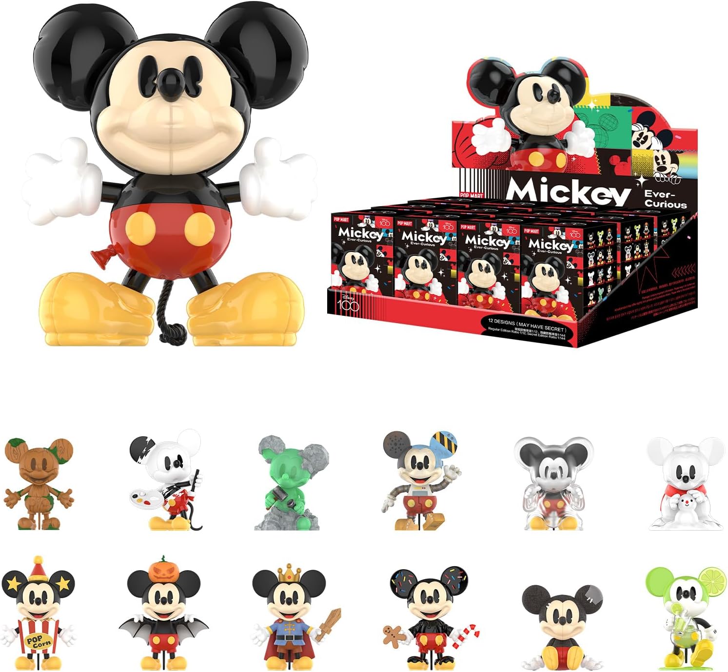 POP MART Disney 100th Anniversary Mickey Ever-Curious Series Figures, 12PCs Disney Blind Box Figures, Random Design Action Figures Collectible Toys Home Decorations, Whole Set