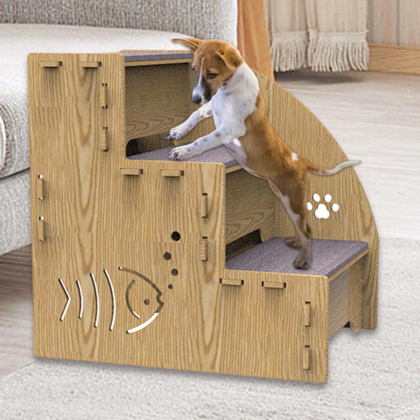 Taburete para mascotas, camas elevadas para perros y cachorros, escalones elevados de madera con 3 peldaños para mascotas, escalera para gatos, rampa interior