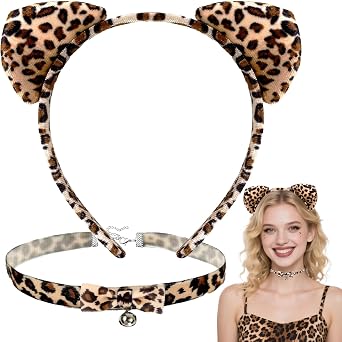 W-Plus Leopard Cheetah Ears Headband & Velvet Choker Necklace, Leopard Cat Print Ears for Cheetah Costume Women Adult, Halloween Headband Cosplay Accessories