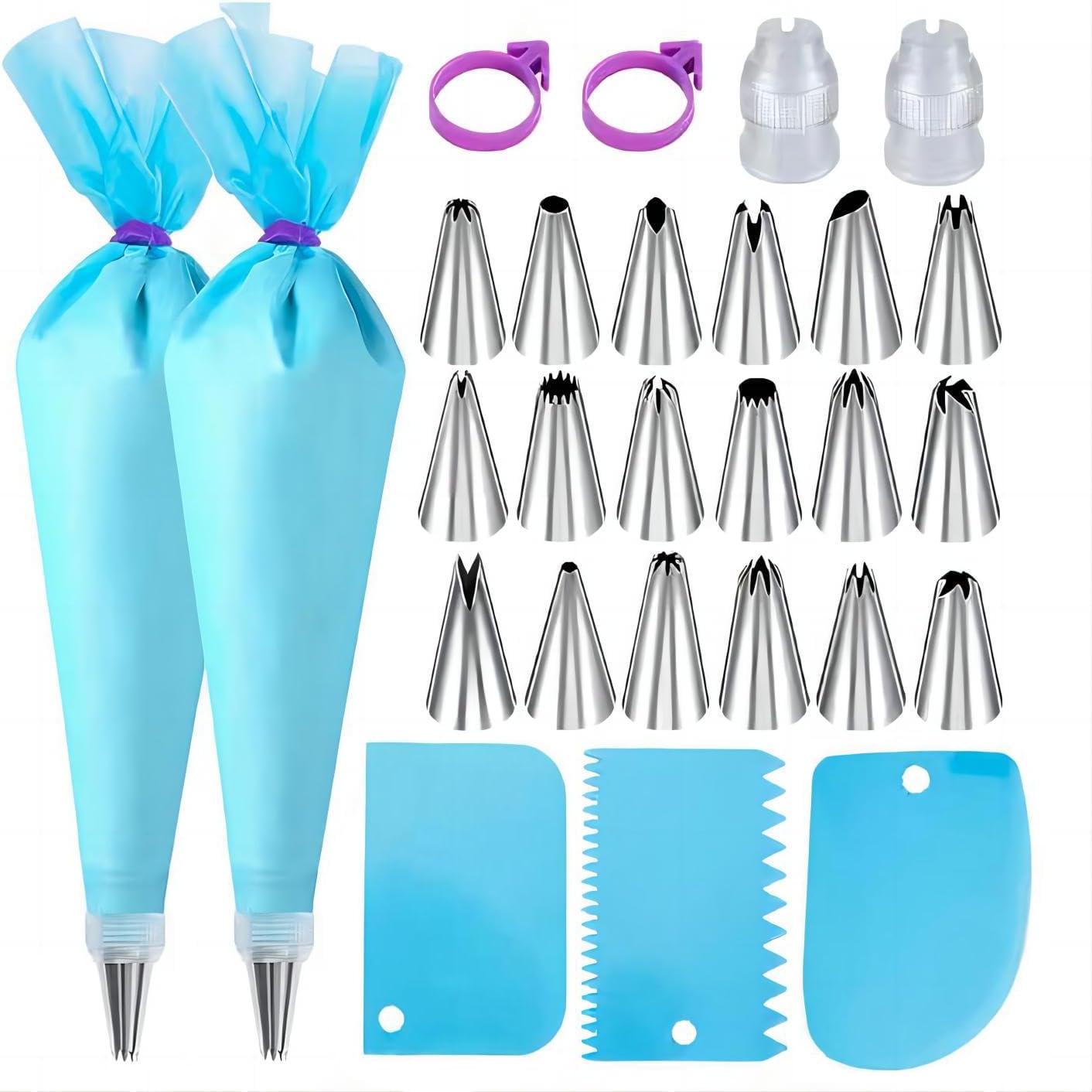 Piping Bags and Tips Set，2 Pack 12 Inch Reusable Food Grade Icing Bags and Tips Set，18 pack Stainless Steel Icing Tips ，2 Couplers & 2 Bag Ties Include and 3 Cake Scraper