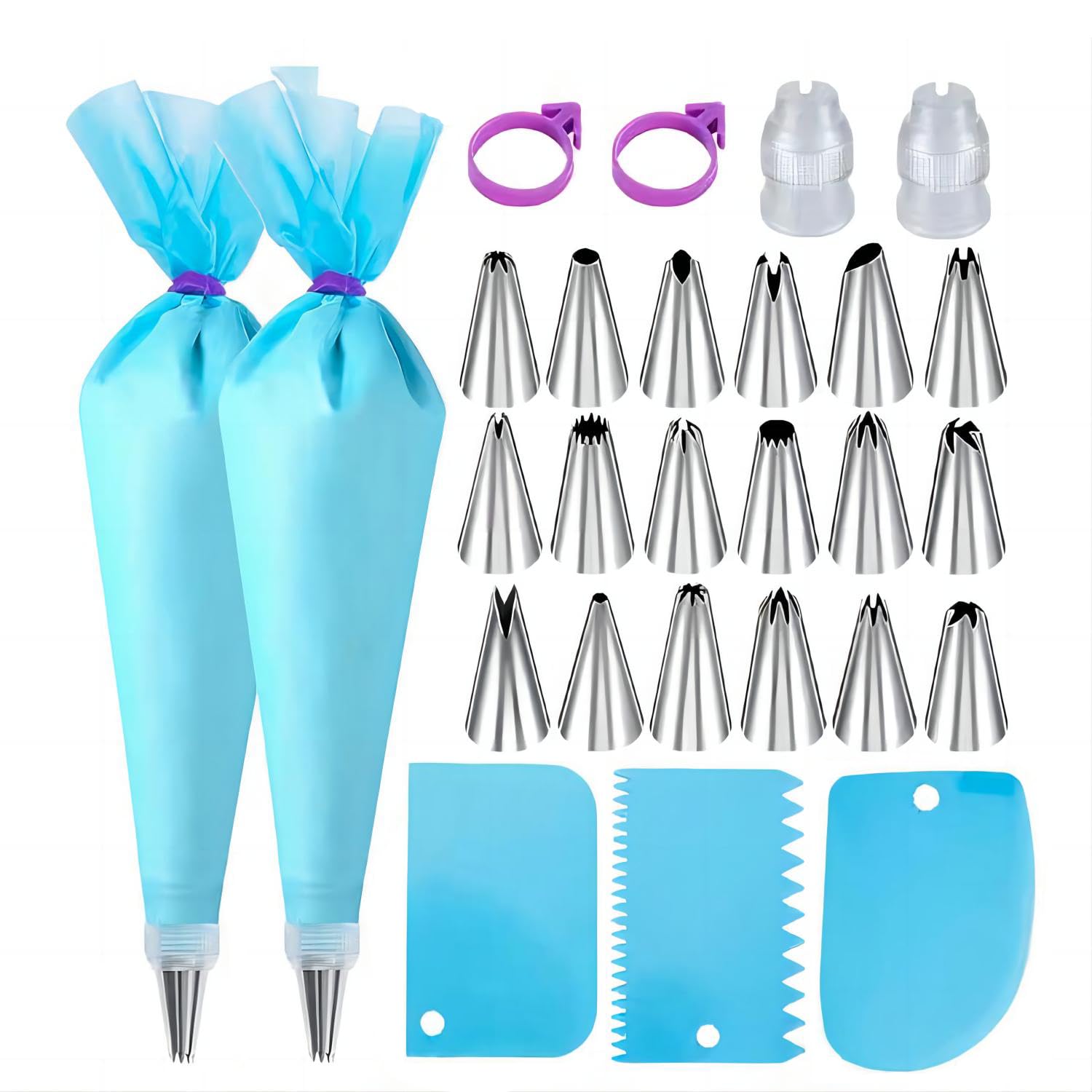 Piping Bags and Tips Set，2 Pack 12 Inch Reusable Food Grade Icing Bags and Tips Set，18 pack Stainless Steel Icing Tips ，2 Couplers & 2 Bag Ties Include and 3 Cake Scraper