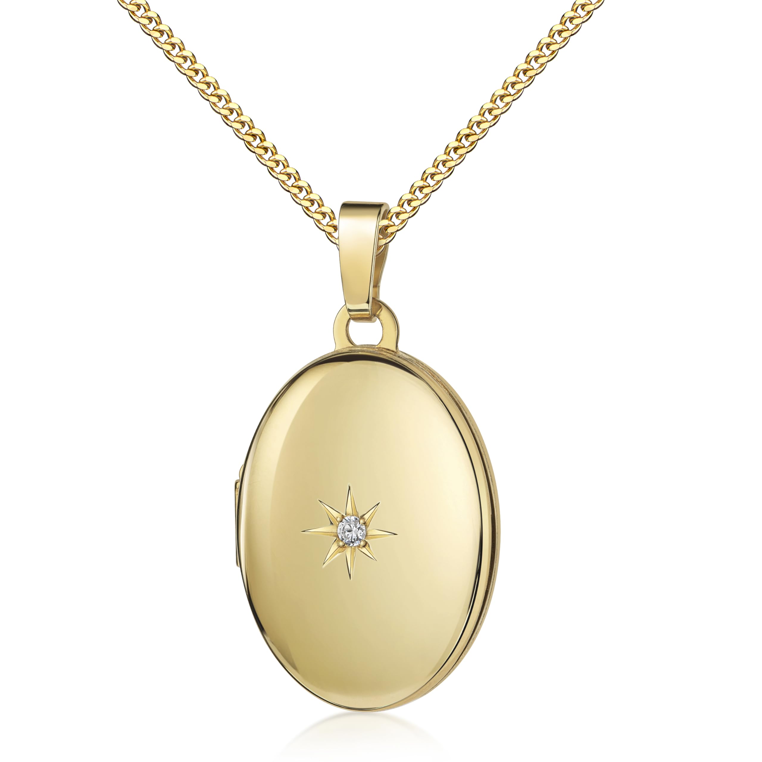 Medaillon Set Gold 333 mit Zirkonia für 2 Bilder Foto Amulett Anhänger oval zum Öffnen für Damen + Schmuck-Etui und Halskette