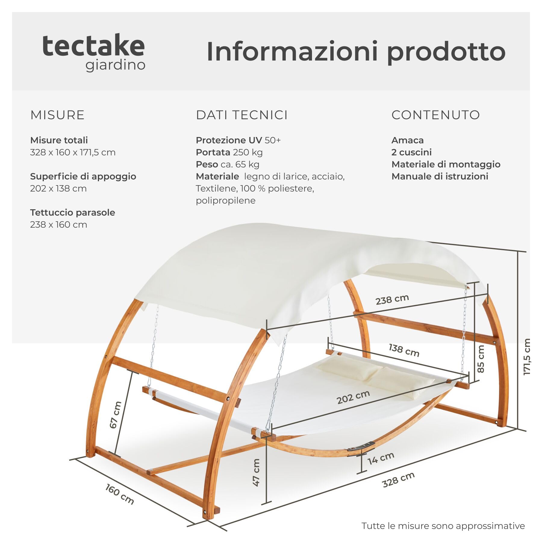 tectake® Amaca da Esterno per 2 Persone, Amaca XXL con Tettuccio Parasole, Struttura in Legno Robusta, Tessuto Traspirante e Idrorepellente, Inclusi Comodi Cuscini, Teak, 328 x 160 x 171,5 cm
