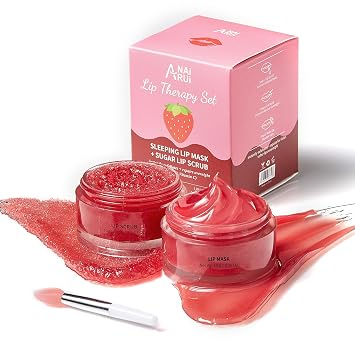 ANAI RUI Lip Scrub & Lip Mask Set, Strawberry | Overnight Treatment, Daily Lip Gift Set for Girls, Moisturize & Nourish, Vitamin C, Intense Hydration
