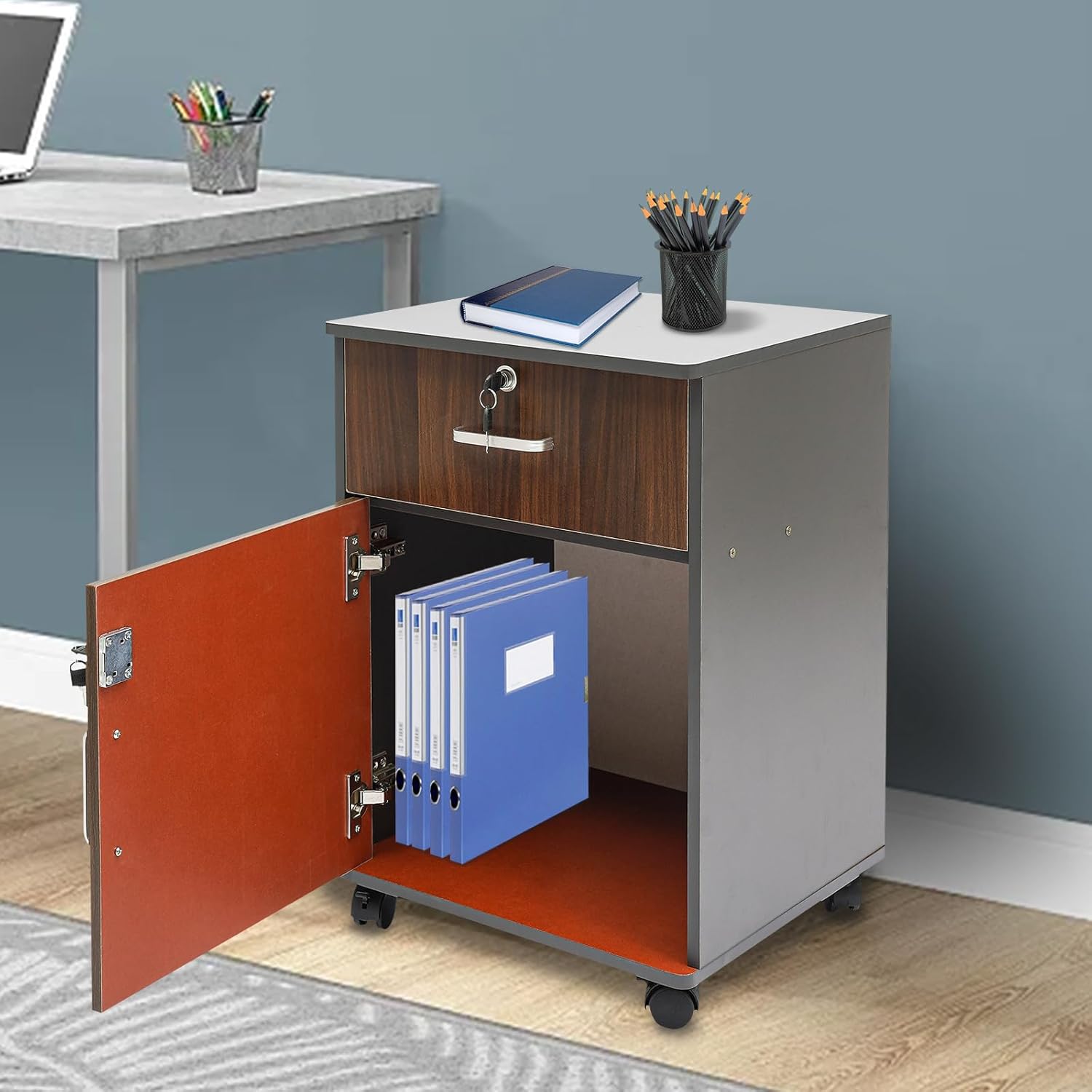 Home Printer Stands, Rolling Printer Stand with Drawers, File Cabinets for Home Office, for A4 or Letter Size Hanging File Folders (Black Oak)