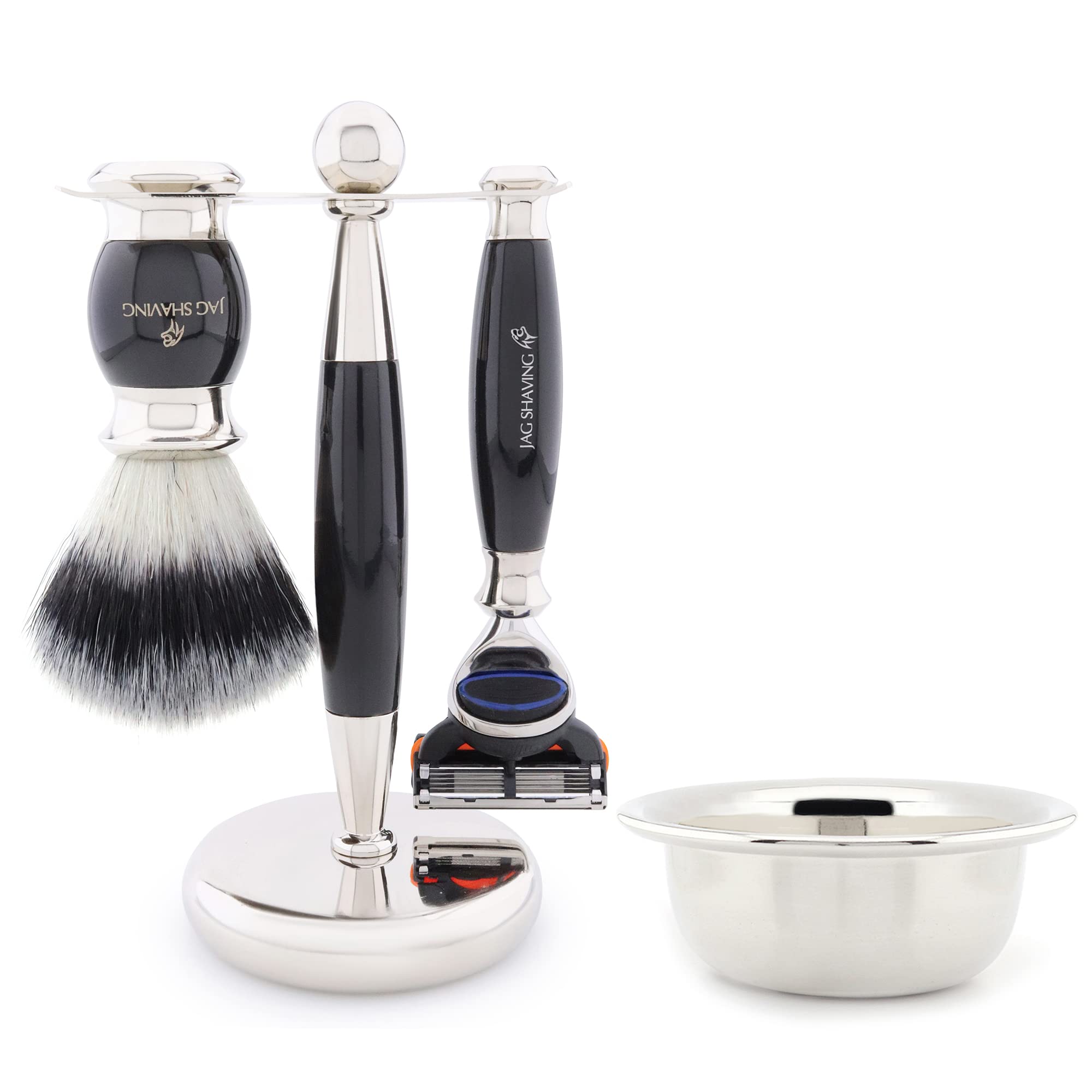 Jag Shaving Zestaw do golenia – 4-częściowy zestaw do golenia – JAG's Lee Range – pędzel do golenia ze srebrnymi włosami – 5-krawędziowe żyletki – tacka do golenia – stojak do golenia – czarny zestaw upominkowy