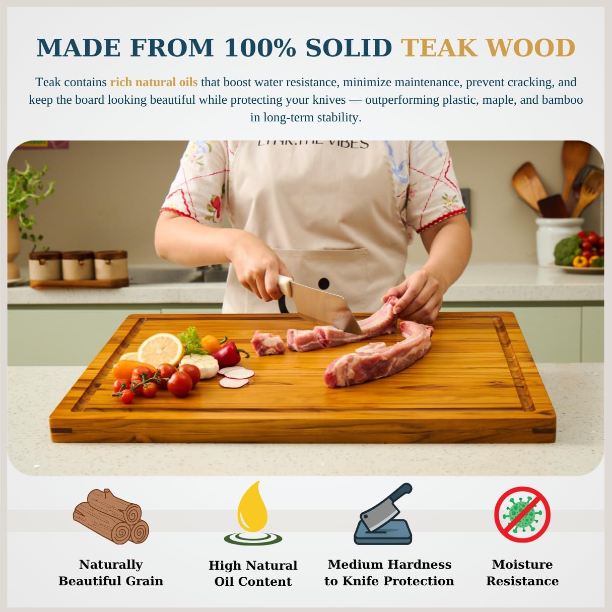 Bearchop Teak Cutting Boards for Kitchen, [24" x 18" x 1.5"] Extra Large Edge Grain Cutting Boards, Solid Teak Wood Butcher Block Cutting Board with Juice Grooves, Handle,Knife Friendly and Reversible
