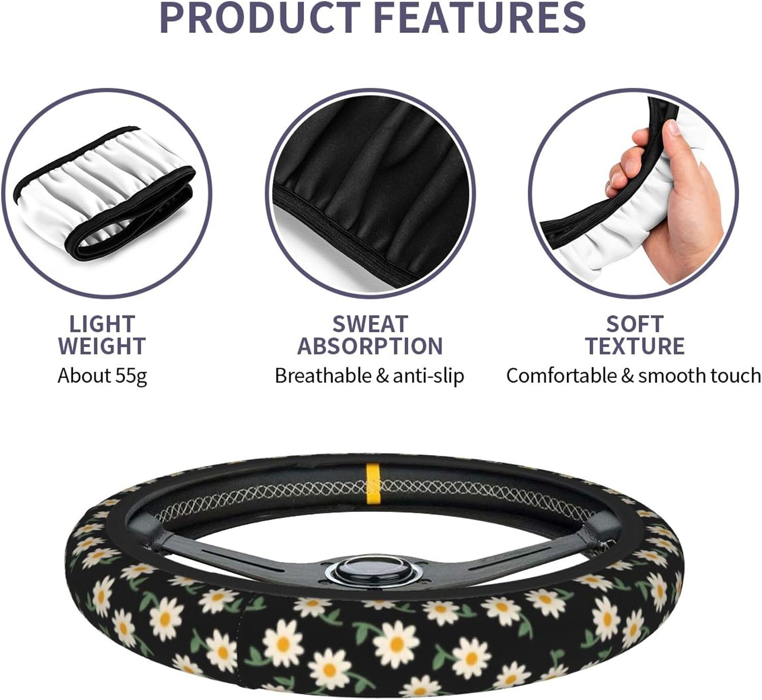 Daisy Flower Steering Wheel Cover 15 Inch + 2Pc Cute car Coasters Set image 5