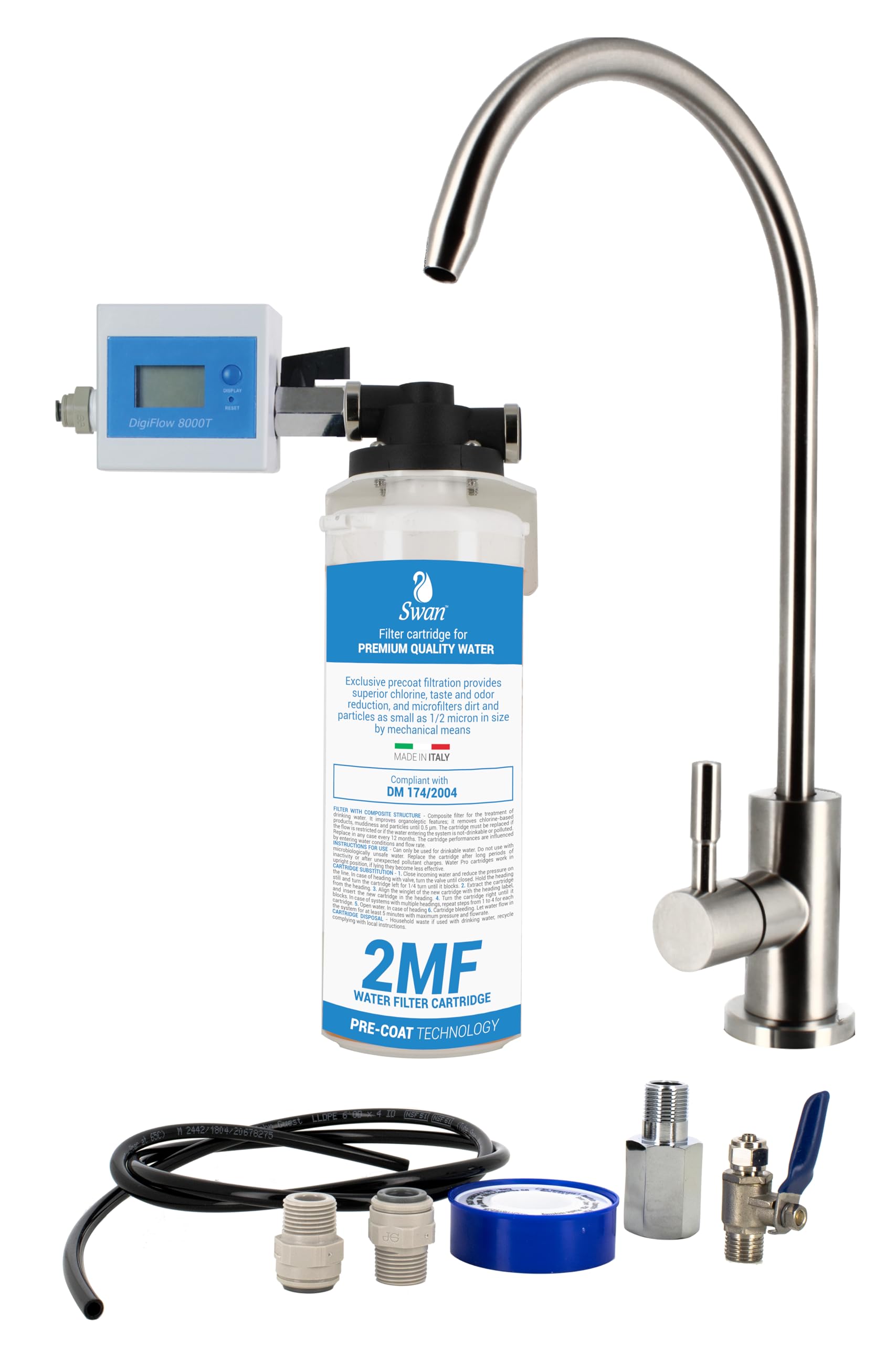 Sistema Filtraggio Acqua Sottolavello 2MF – Rimozione Calcare Cloro Sedimenti – Testa QL1 – Contalitri - Kit Filtrazione Completo con Tubi e Raccordi – Facile Installazione