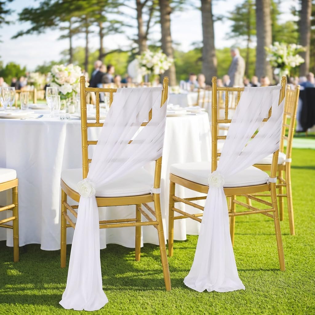 White Wedding Chair Sashes 8FT Long Draping Fabric Cover Aisle Decorations Wrinkle-Free with Tie 16 Pcs for Party Banquet Birthday Ceremony