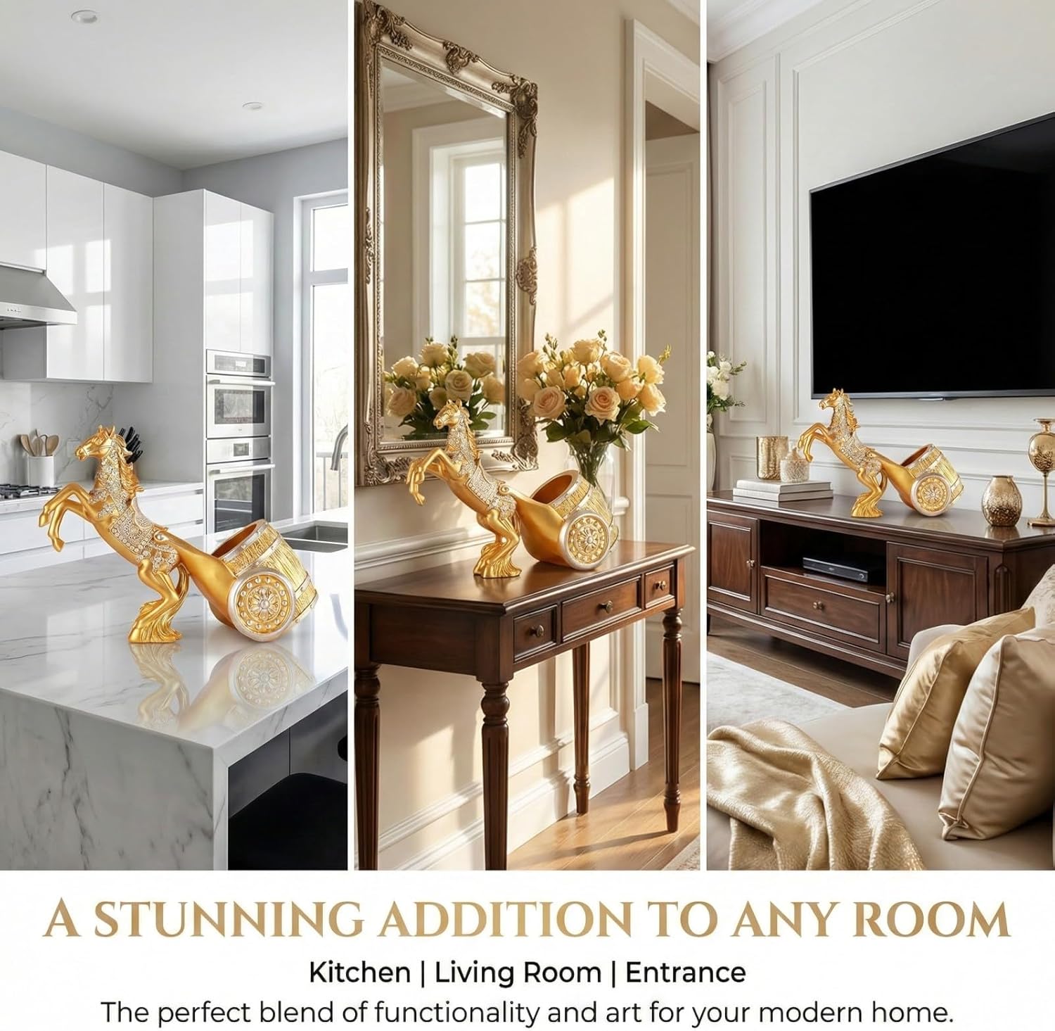 Luxury Gold Horse Wine Bottle Holder - 15" Large Resin Horse Statue & Wine Rack Stand - European Chariot Figurine Centerpiece for Dining Table, Kitchen Countertop & Wedding Gifts (Wealth & Success)