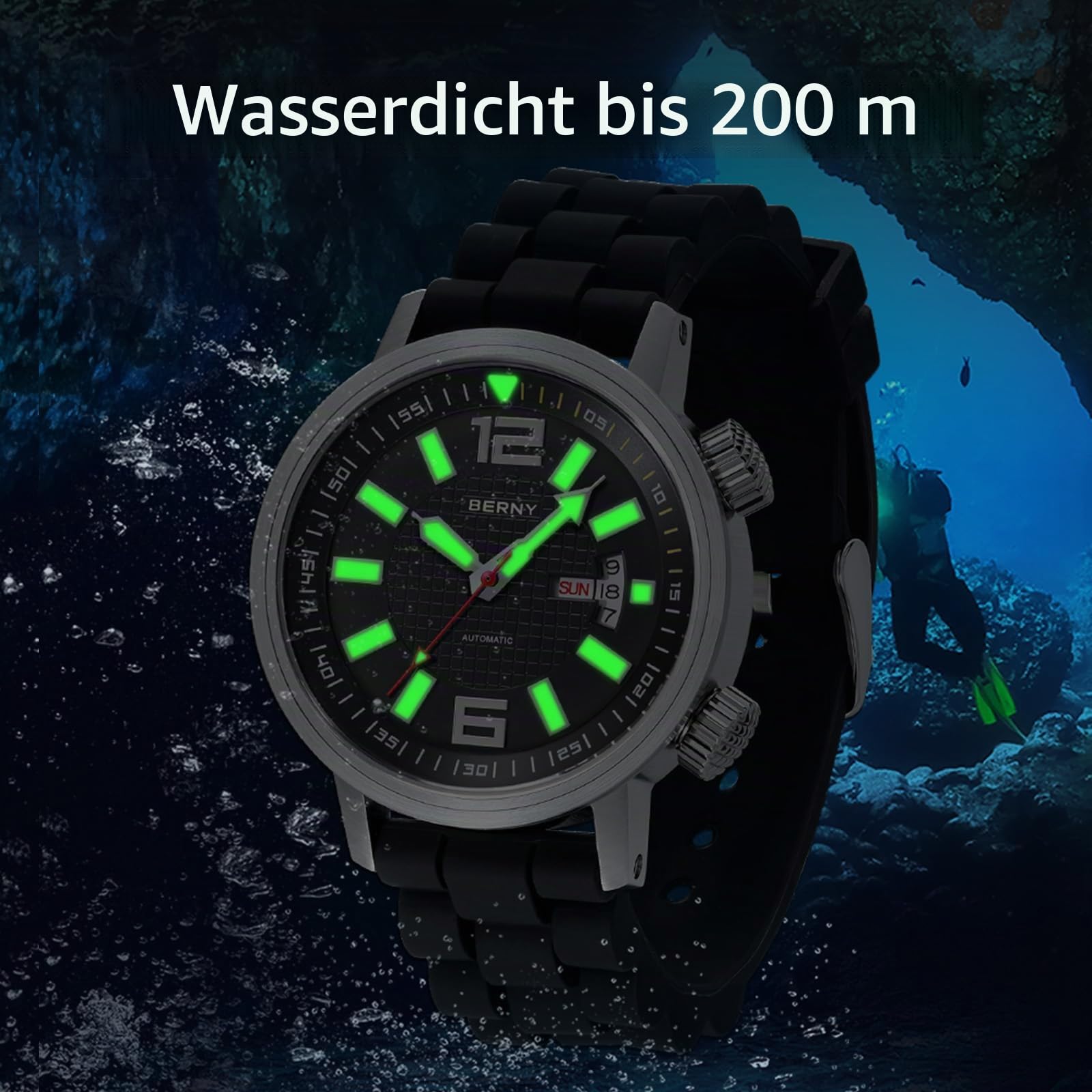 BERNY Automatische Mechanische Taucheruhr Für Herren Selbstaufziehend Silikonarmband Armbanduhr Wasserdicht 20 ATM Saphirglas Kratzfest Mechanisch Taucheruhr