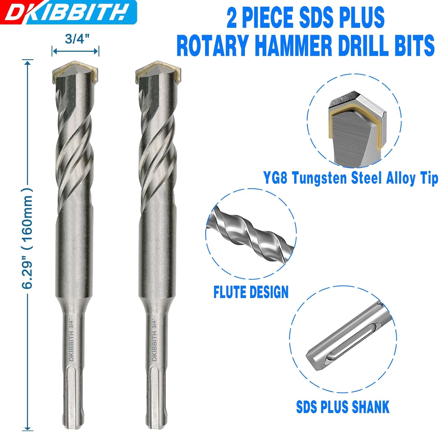 2-Piece 3/4" SDS Plus Drill Bits Rotary Hammer Drill Bit Set, Carbide Tipped for Drilling Concrete Cement Porcelain Tiles Ceramic Pots Stone Brick, Diameter 20mm, 160mm Long, SDS Plus Shank.