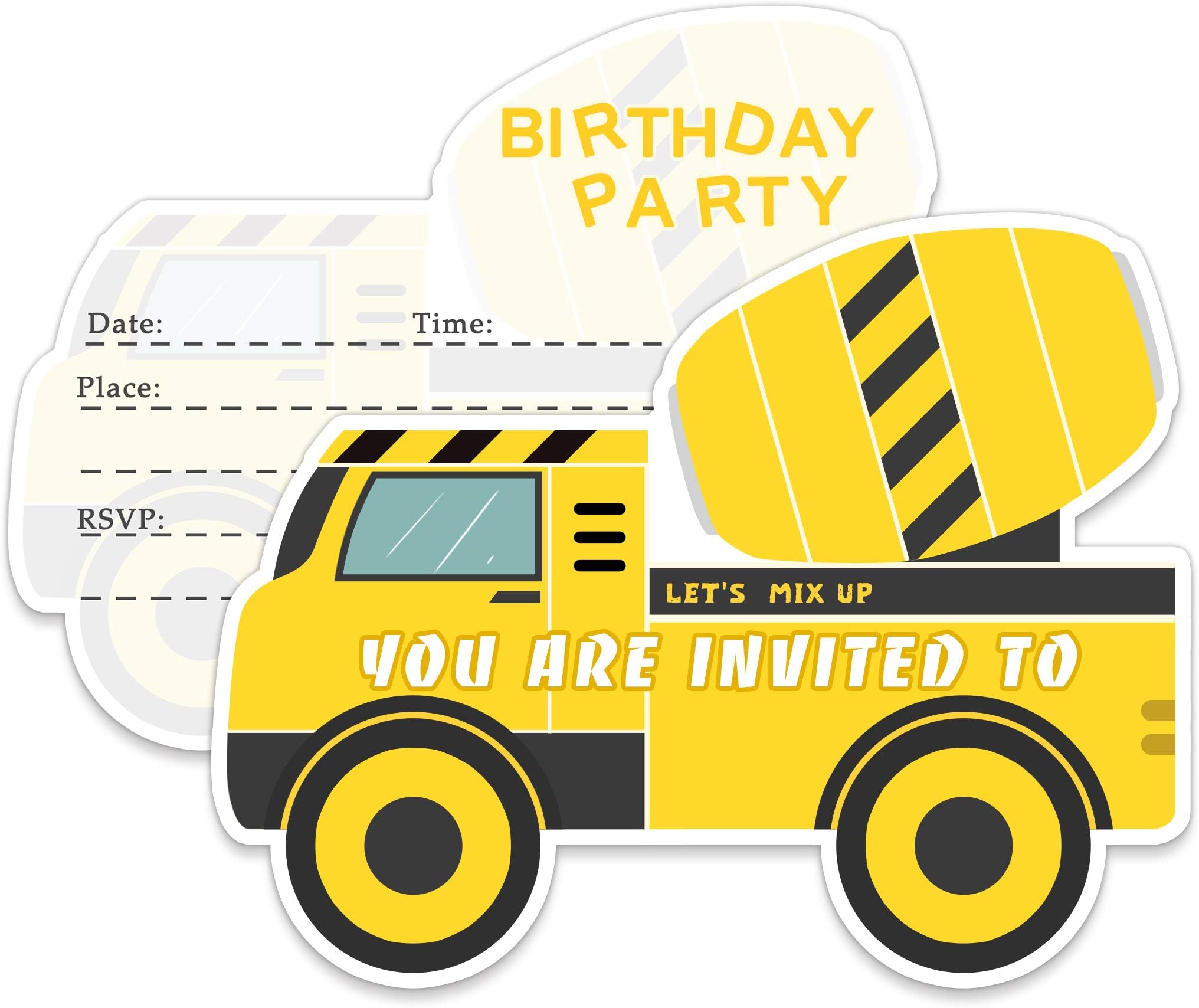 Yangmics Direct 20 Construction Dump Trucks Birthday Party Invitations with Envelopes-Double Sided -Shaped Fill-in Invitations-Kids for Boys