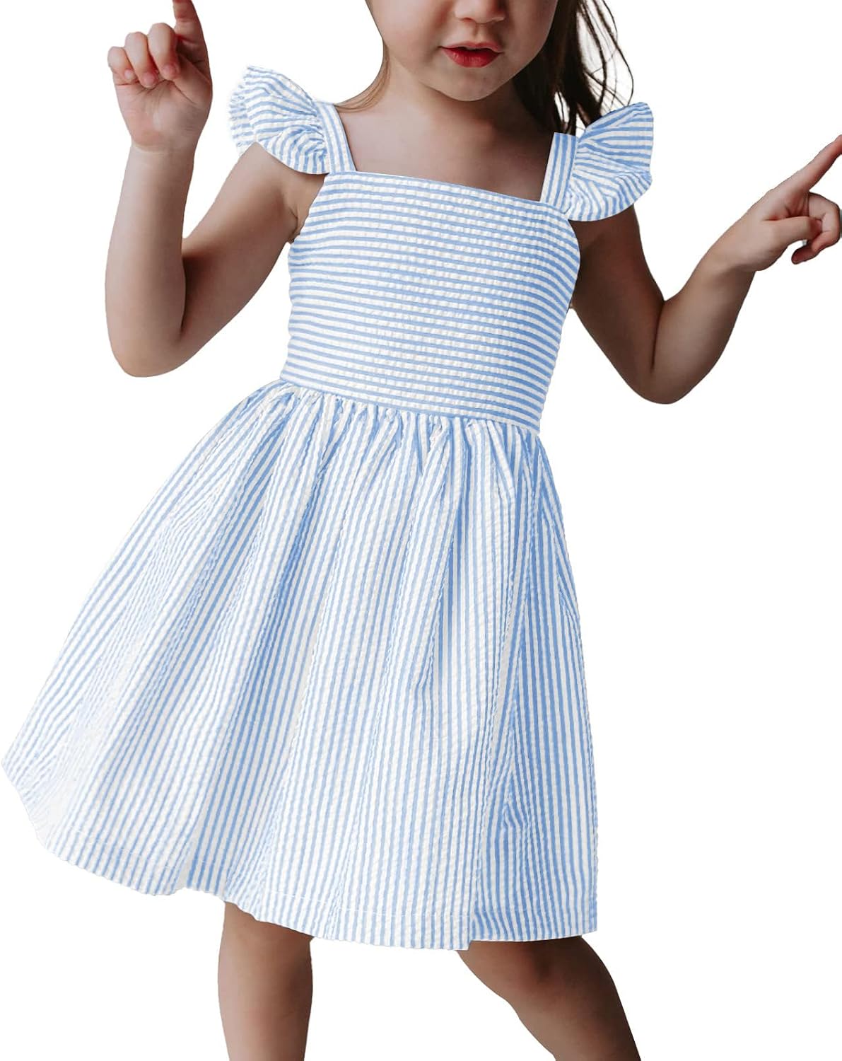 Haloumoning Girls Summer Dress Kids Casual Flutter Sleeve Striped Dresses Beach Sundress 5-14Y