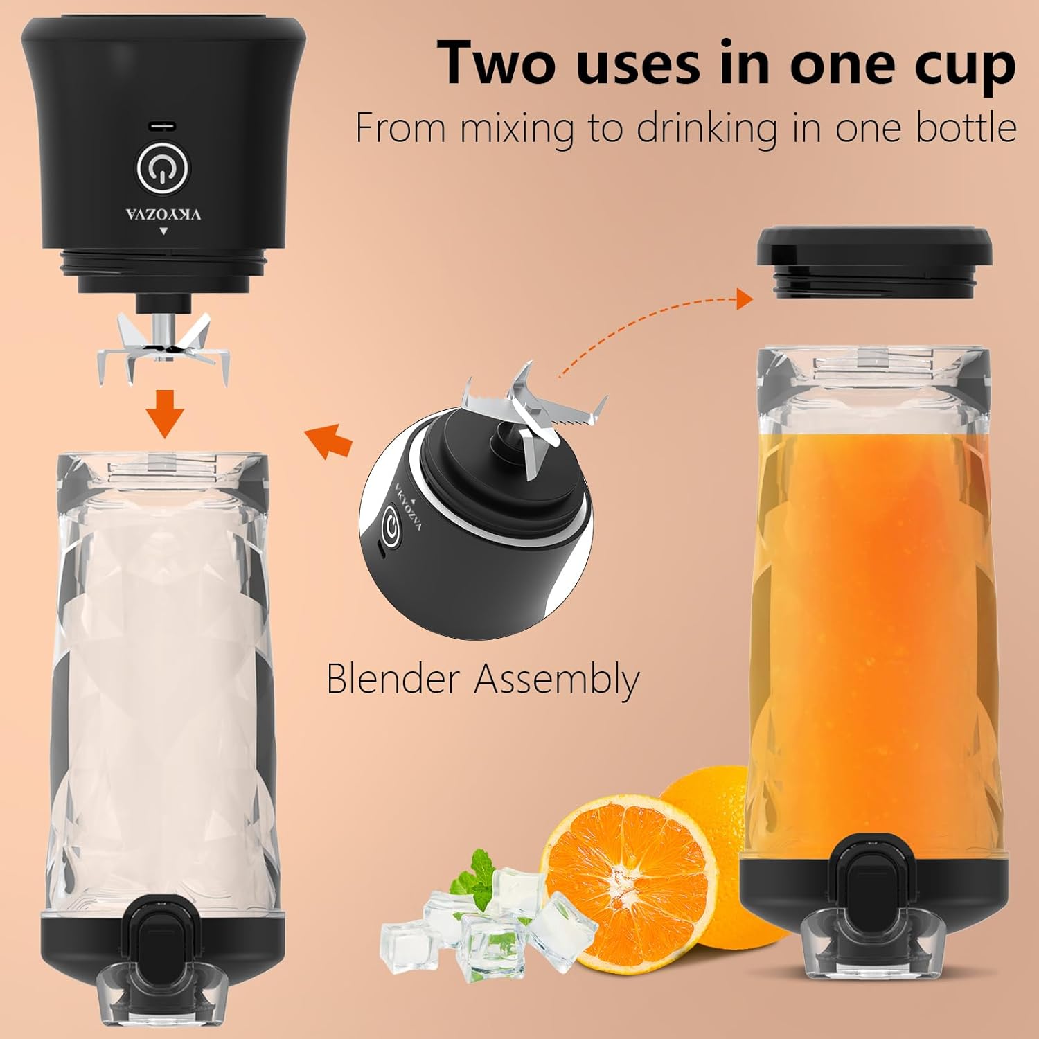 Portable Mini Blender for Shakes and Smoothies - Travel Cordless 20oz Juicer, USB Rechargeable On The Go