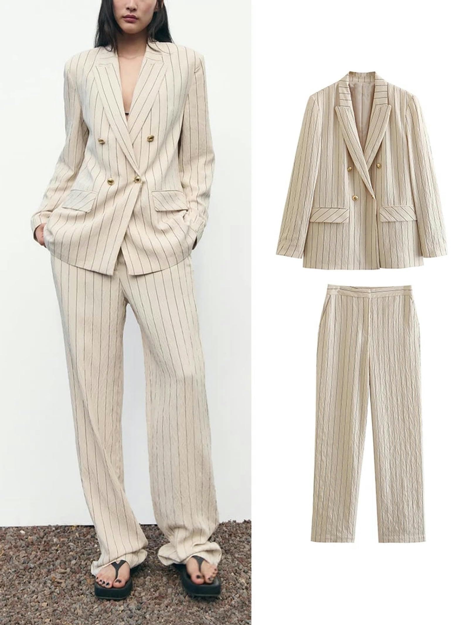 Traje de Mujer Conjuntos de Blazers Mujer 2 Piezas Moda Rayas Oficina Blazers Abrigo Chaqueta Mujer Pantalones Trajes Mujer Trajes de Primavera-Conjunto de 2 Piezas-M