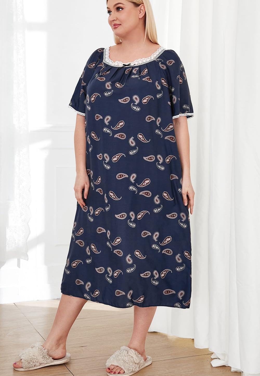 Nightgowns Plus Size Soft House Sleep Dress for Women Lace Collar Floral Print XL-4XL