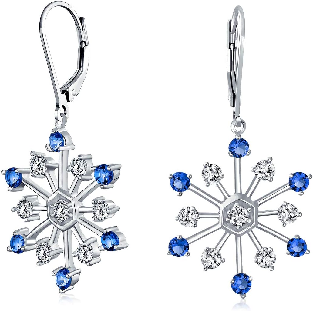 Winter White & Ice Blue Holiday Party Christmas Snowflake Dangle Drop Earrings For Women Teen Cubic Zirconia Silver Plated Leverback
