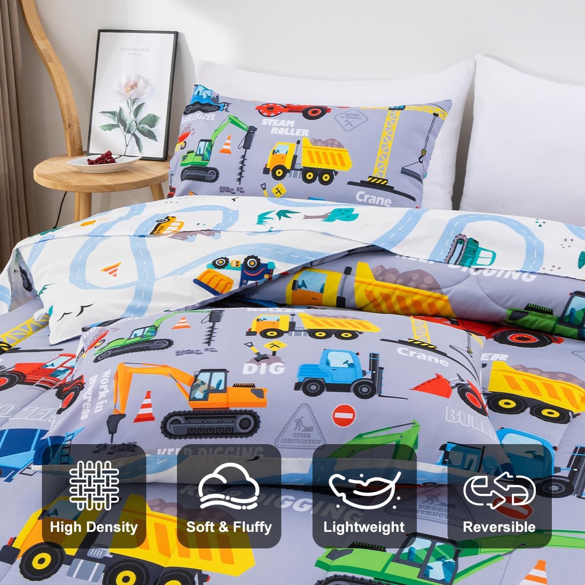 Holawakaka Trucks Tractors Cars Boy Bedding Comforter Set with Sheets, Twin Size Cartoon Construction Car Excavator Print Kids Bed in A Bag 5-Piece, Boys Reversible Dorm Bed Sets (Red Twin) - Image 6
