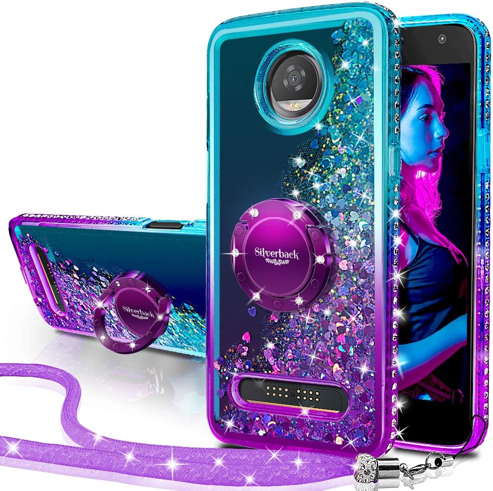 Silverback Moto Z2 Play Case, Moto Z2 Force Case, Moving Liquid Holographic Sparkle Glitter Case with Kickstand, Bling Diamond Rhinestone Bumper Slim Protective Case for Motorola Moto Z2 Play -PR