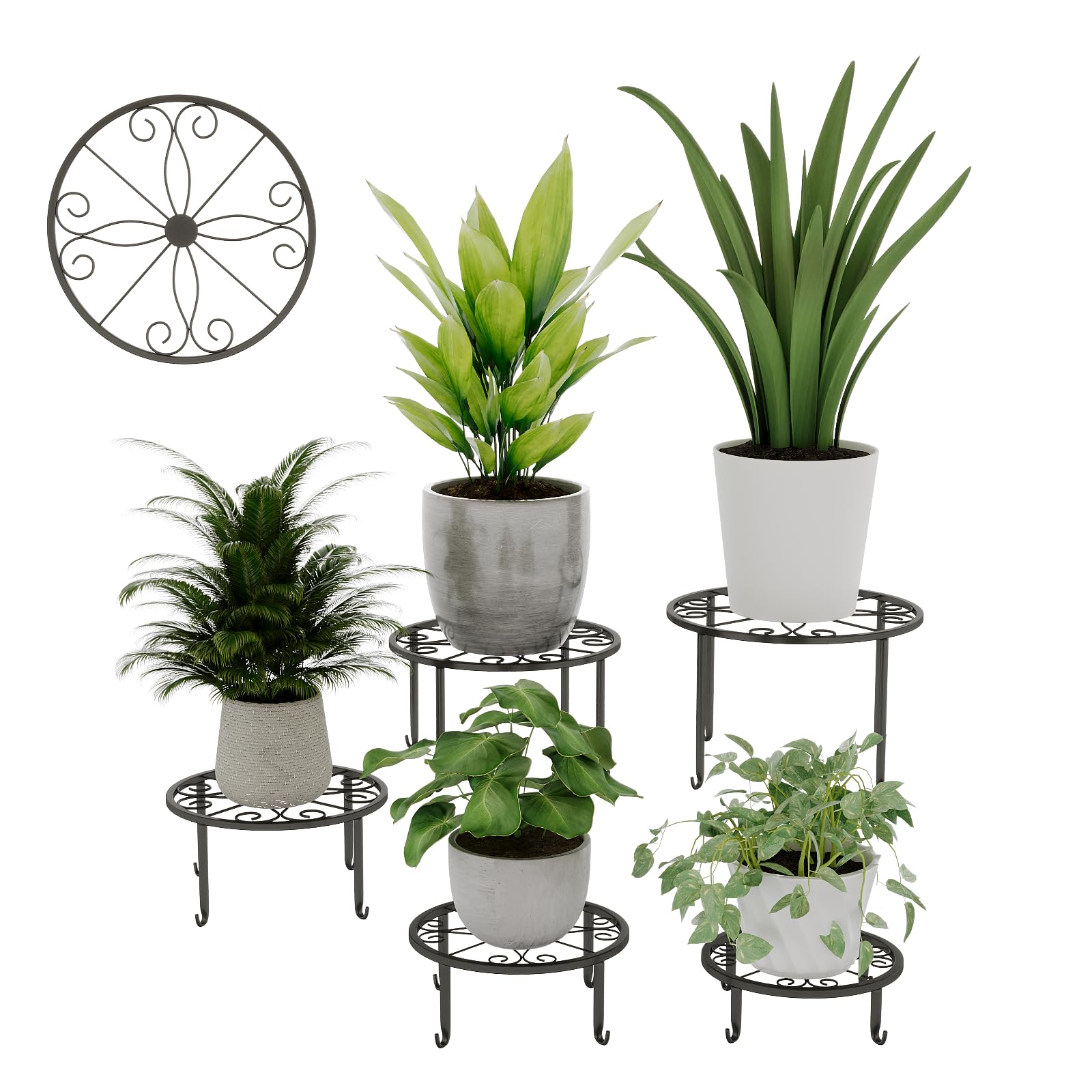 Bamworld 5-Pack Metal Plant Stands Indoor Outdoor, Heavy Duty Flower Pot Stands for Multiple Plants, Anti-Rust Iron Plant Rack for Patio Garden Balcony Living Room Bedroom