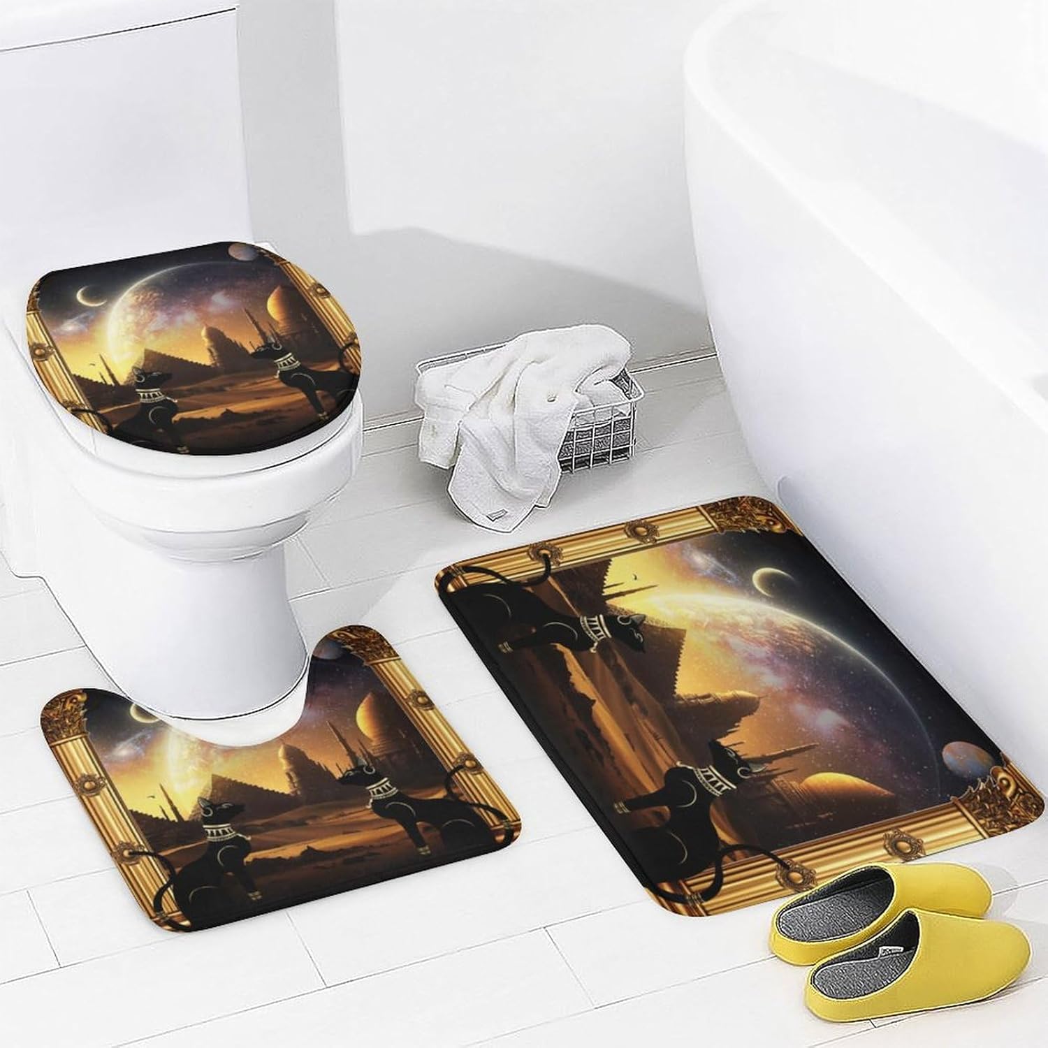 Mystical Ancient Egypt Black Cat Shower Curtain Sets 4 Piece,Vintage Fantasy Galaxy Egyptian Pyramid Ethnic Tribe Symbol Bathroom Decor with Rugs Include Waterproof Non-Slip Toilet Lid Cover Bath Mat