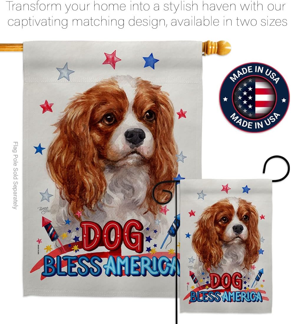 Breeze Decor Patriotic Charles Spaniel House Flag Dowel Set Dog Puppy Spoiled Paw Canine Fur Pet Nature Farm Animal Creature Decoration Banner Small Garden Yard Gift Double-Sided, Made in USA