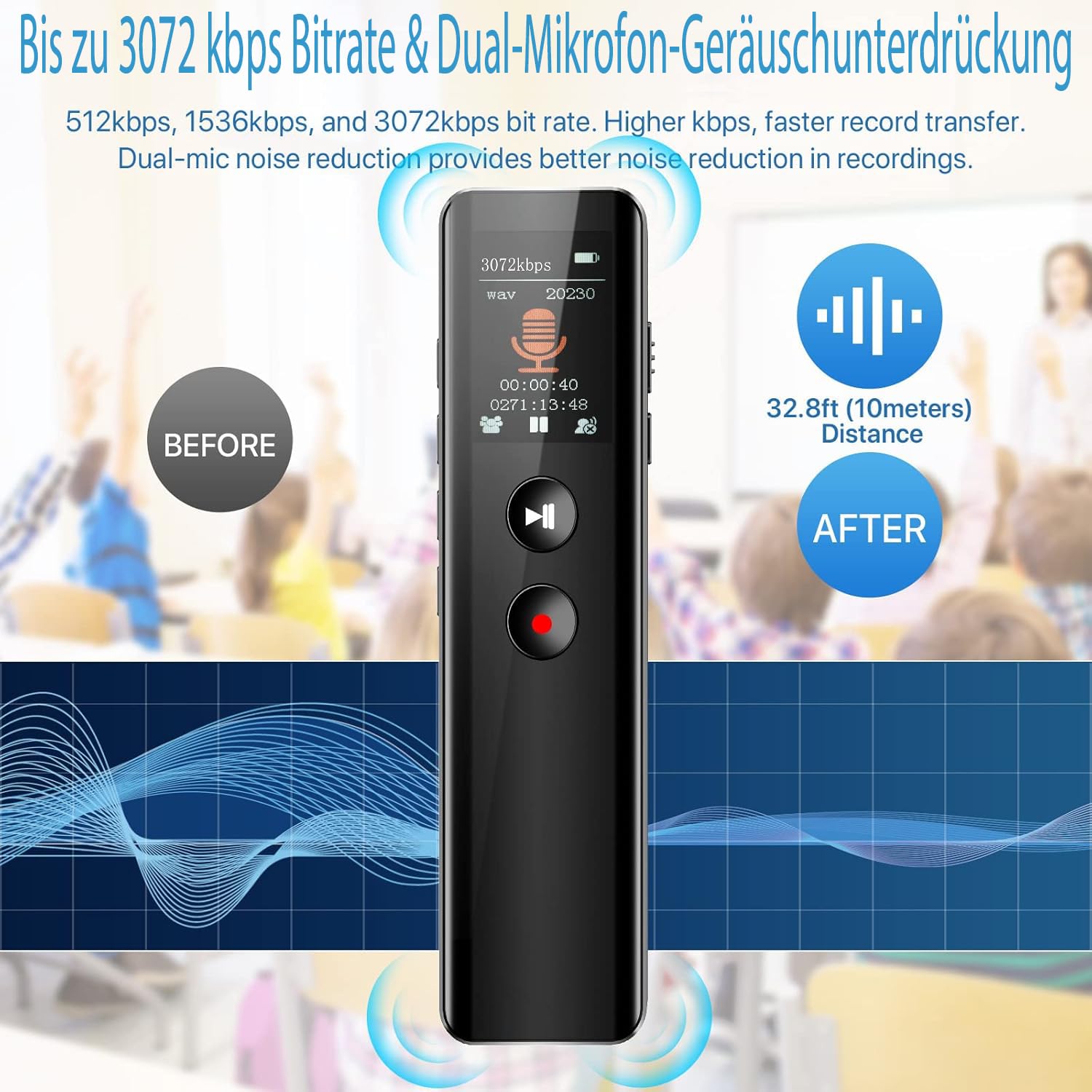 128GB Digitales Diktiergerät mit Wiedergabe,KI Geräuschunterdrückung, Sprachaktivierung, MP3-Player, Passwortschutz, USB-C, Bluetooth-Anrufaufnahme, für Vorlesungen,Meetings,Interviews