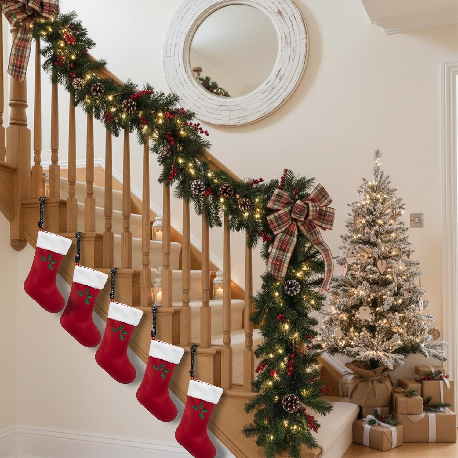 Therwen 6 Pcs Glitter Christmas Stocking Holders Shiny Fireplace Stocking Holders Set with No-Slips Strips Safety Mantel Hanger Hooks Xmas Mantle Grips for Tabletop Shelf Party Decor(Black)