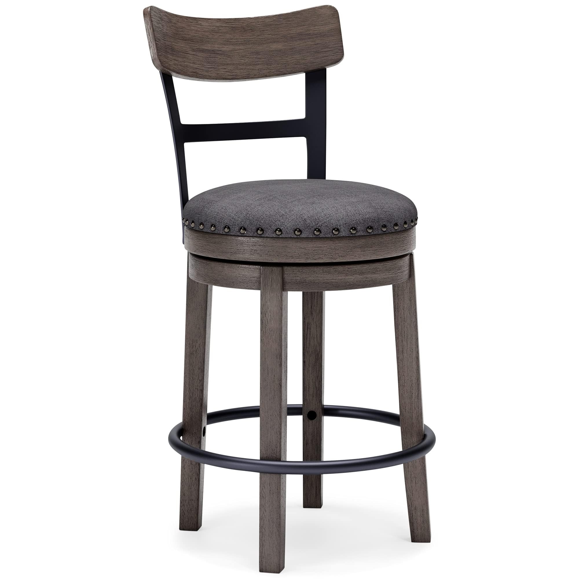 Signature Design by Ashley Caitbrook | Farmhouse Swivel 24" Counter Height Barstool – 360° Swivel, Upholstered with Nailhead Trim, Metal & Wood Frame, Gray