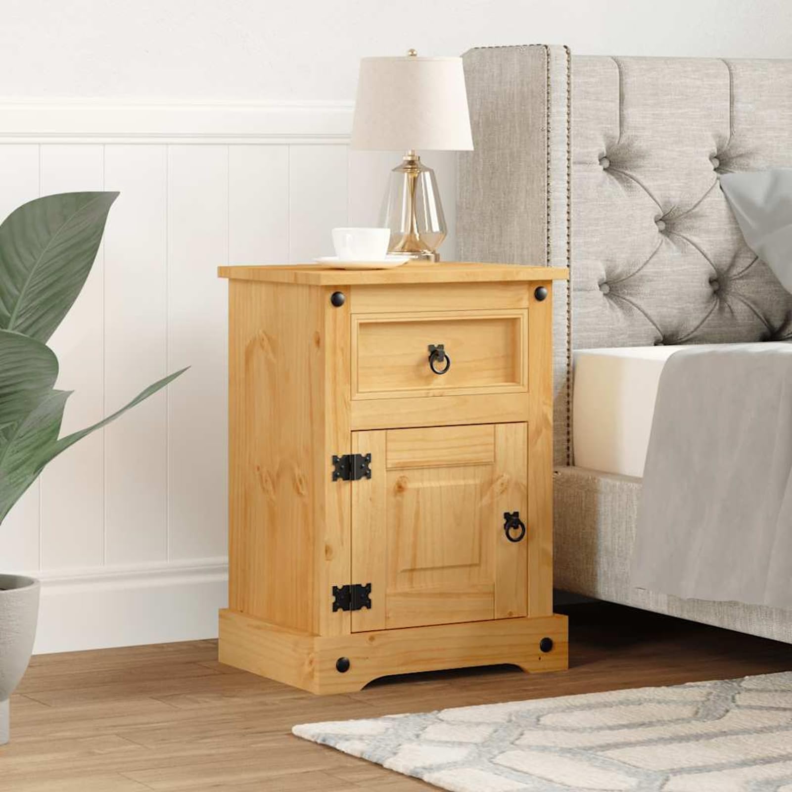 Homgoday Comodino in Legno Massello di Pino Stile Messicano Corona, Marrone, 53x39x66 cm, con Cassetto e Anta, Facile da Montare, Ideale per Camera da Letto o Soggiorno