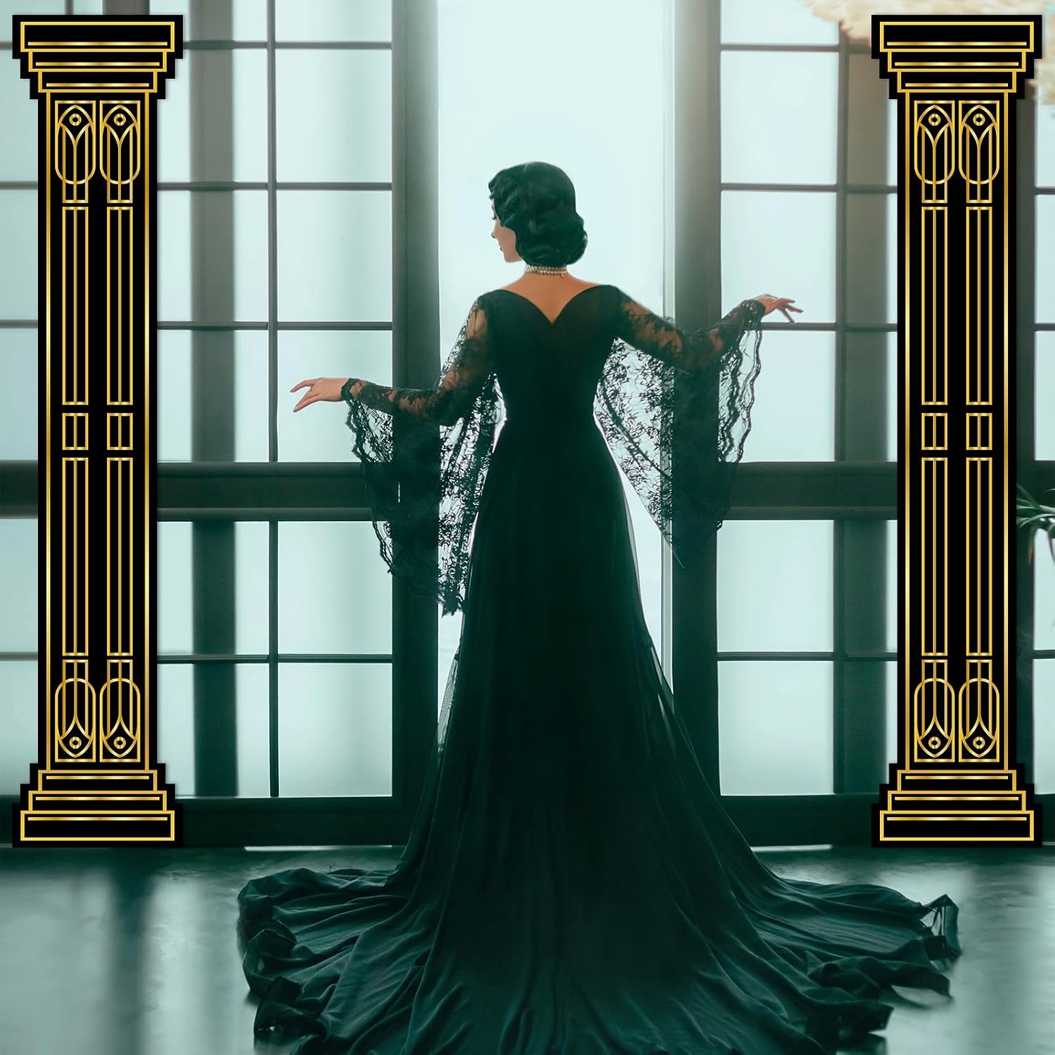 4Pcs 1920's Party Decorations Roaring 20s Column Pull Down Cutouts Black and Gold Wall Cardboard Cut Outs Awards Night Photo Backdrop for Speakeasy Birthday Wedding Graduation Decor, 71.9 Inch