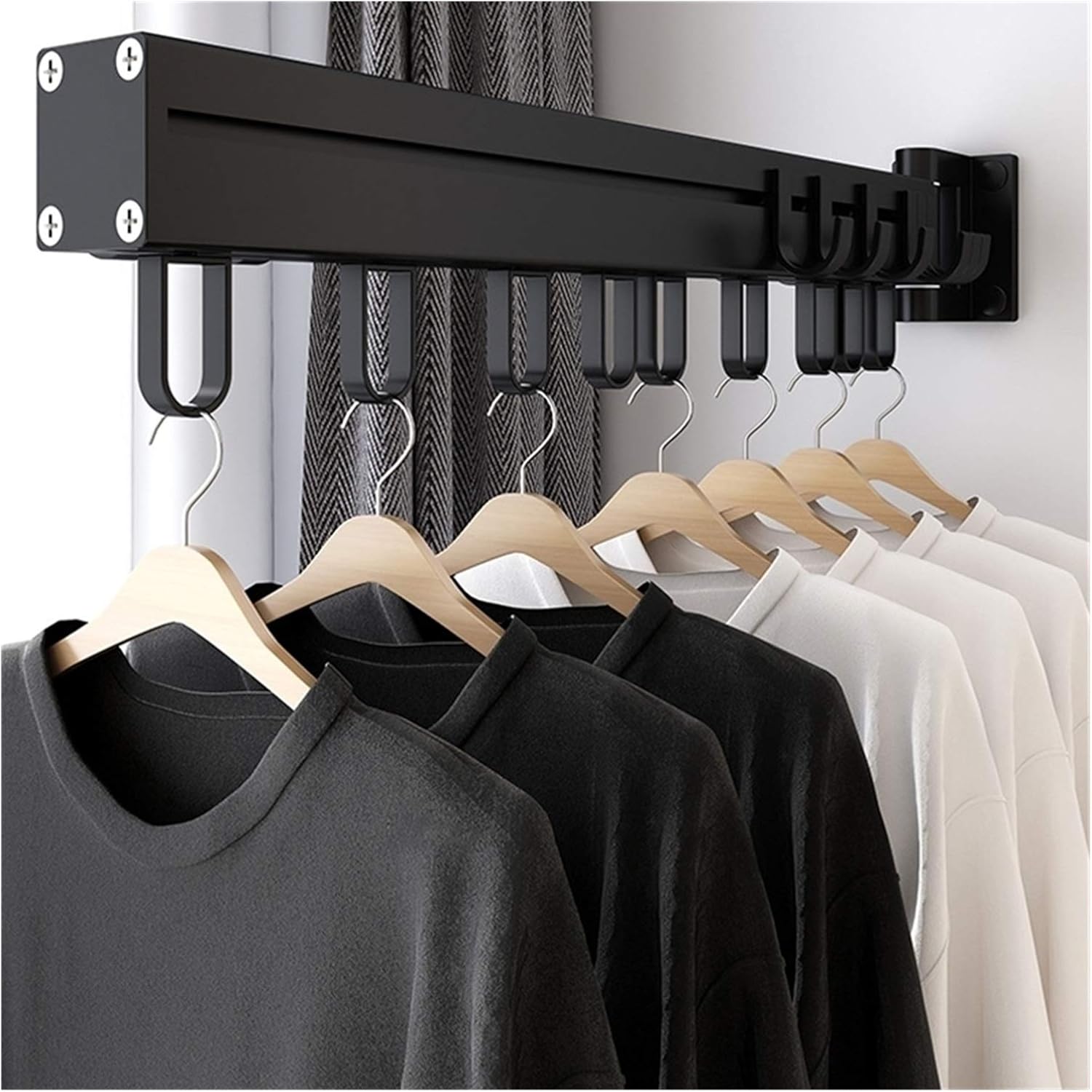 61.5cm Folding Drying Rack with 9 Coat Hanger & 12 Hooks Wall Mounted Telescopic Clothes Rack Indoor Outdoor Clothes Hanger Folding Drying Rack