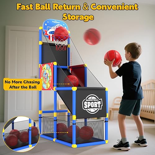 Vista 22 de Juego de baloncesto para niños con marcador electrónico y sonidos de alegría, aro de baloncesto para interiores y exteriores con 4 bolas, juguete